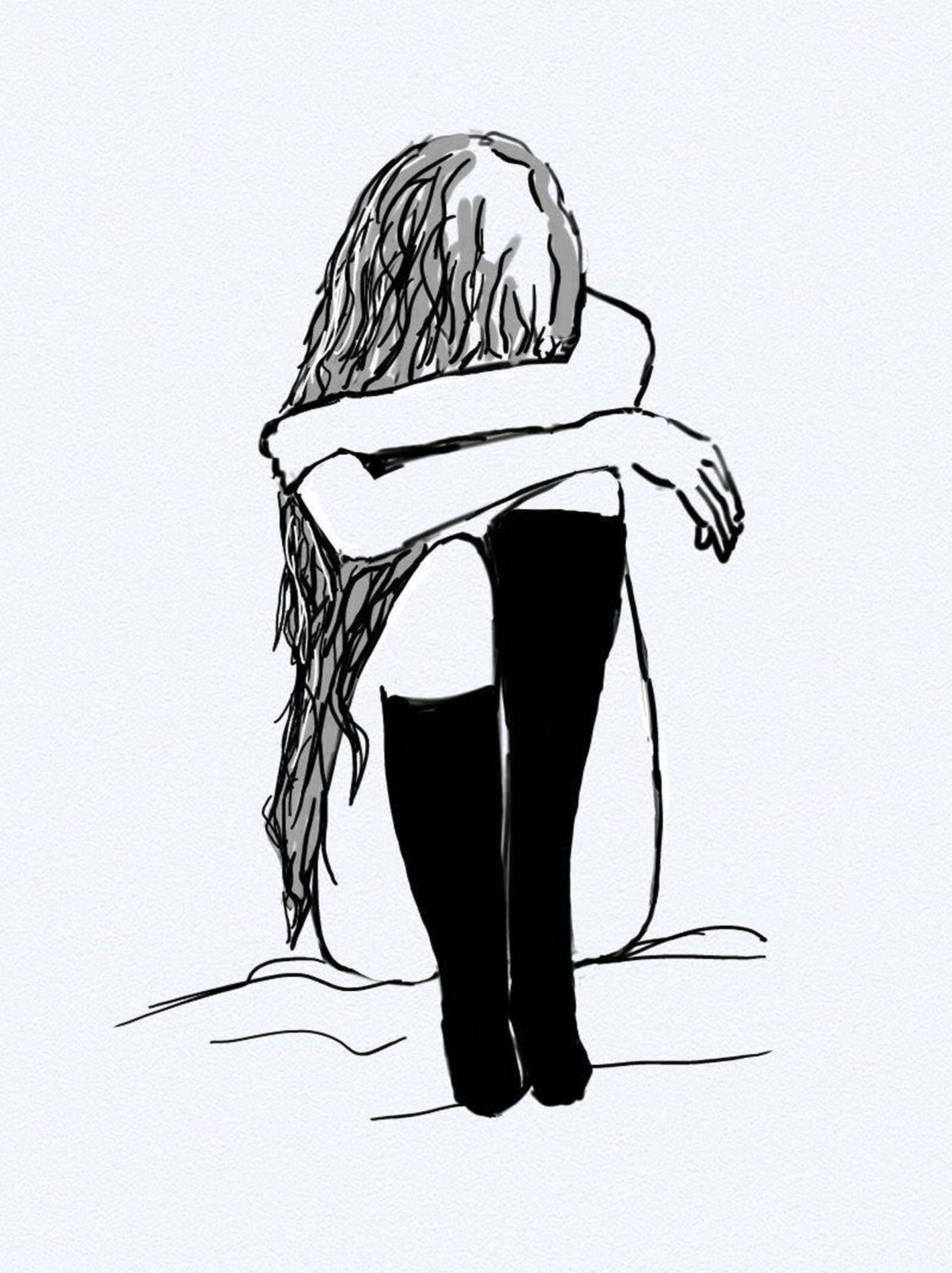 sad anime girl, black and white line drawing, long hair, Full HD Phone Wallpaper