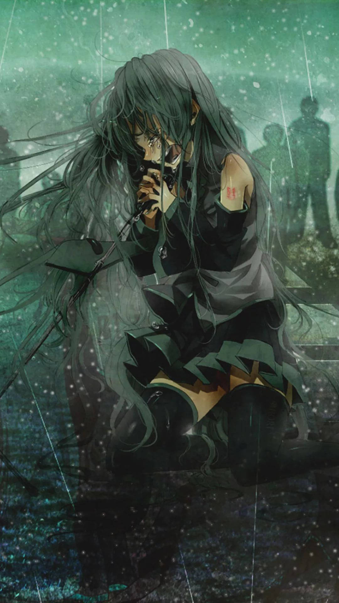 Depressed Anime Girl, green sky, long dark hair, Full HD Phone Wallpaper
