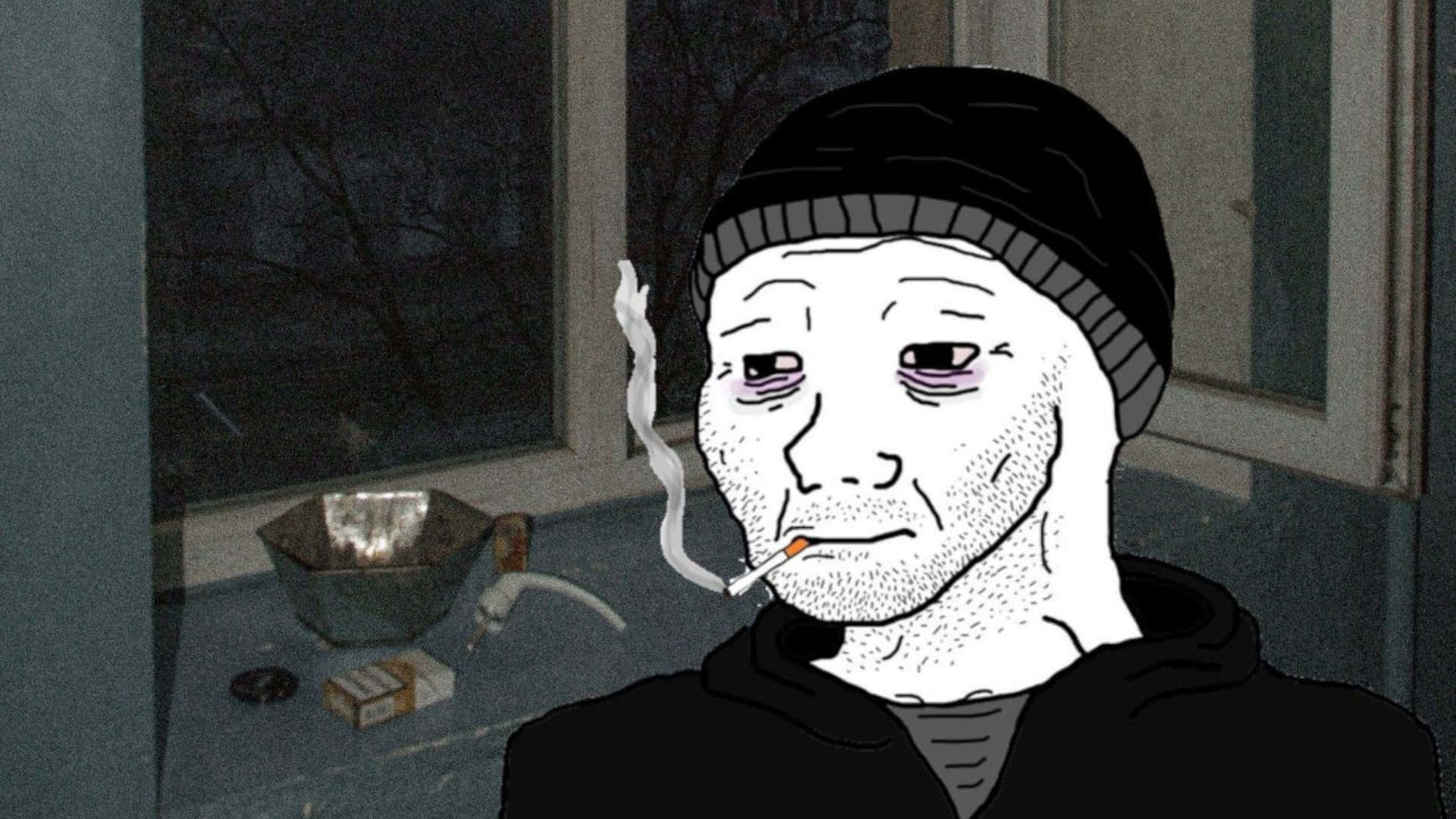 Depressed Face Meme, cartoon man, black beanie, Full HD Desktop Wallpaper