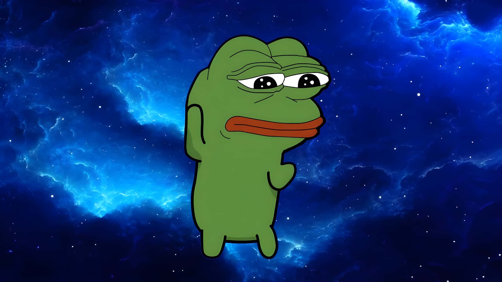 green cartoon frog, droopy expression, vibrant blue cosmic nebula, Full HD Desktop Wallpaper