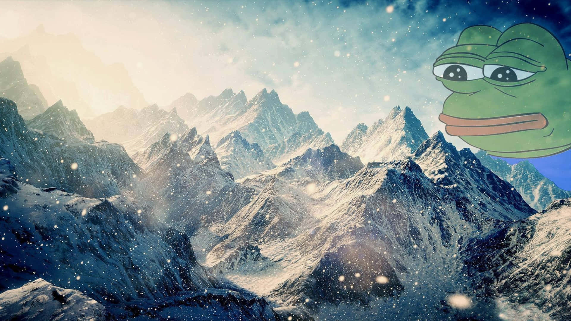 Depressed Face Meme, green frog, snow-covered mountain range, Full HD Desktop Wallpaper