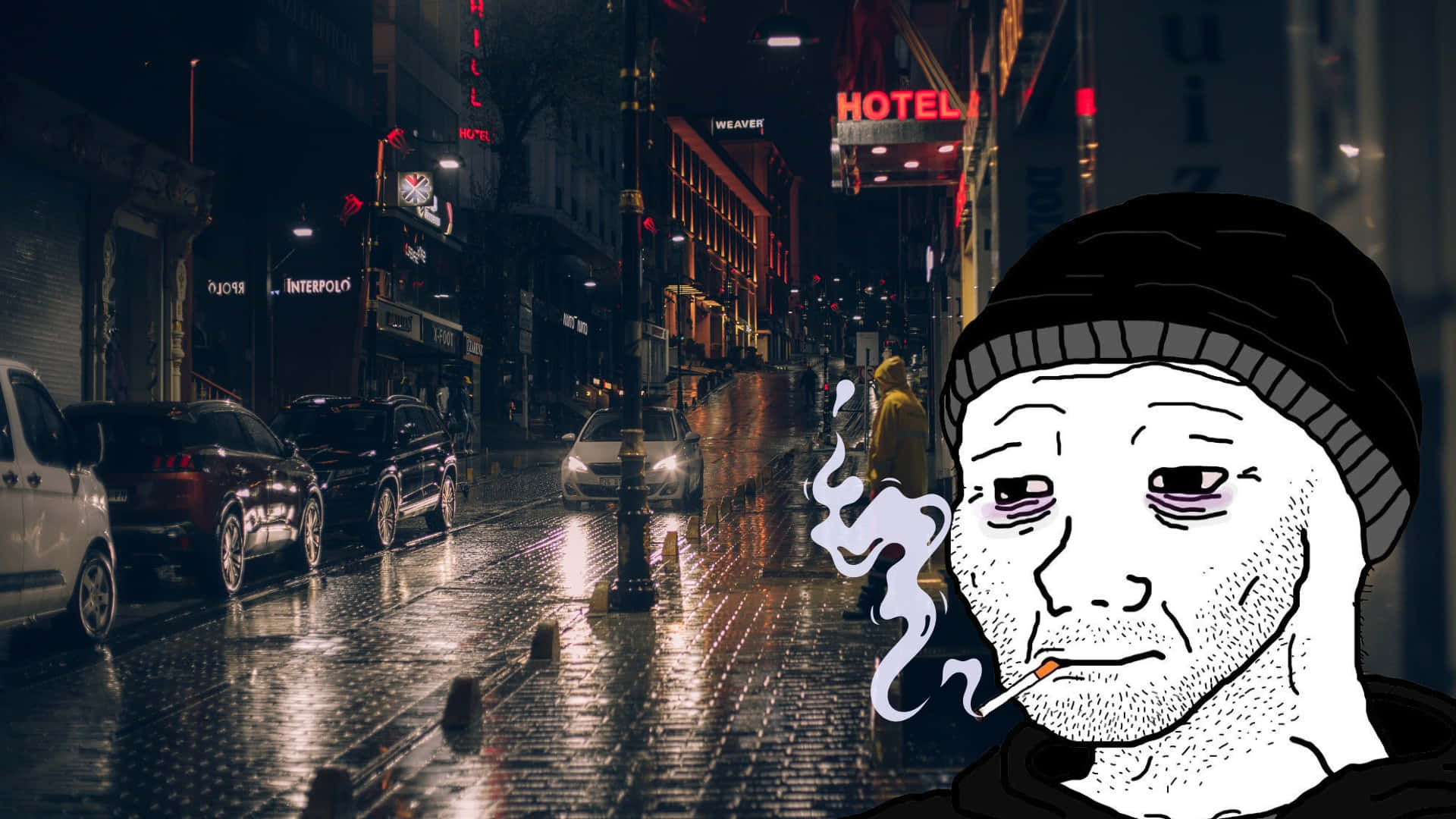 Depressed Face Meme, night, rainy neon-lit city street, Full HD Desktop Wallpaper
