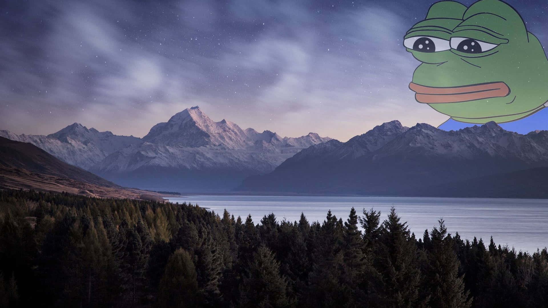 Depressed Face Meme, starry night, mountain lake, Full HD Desktop Wallpaper