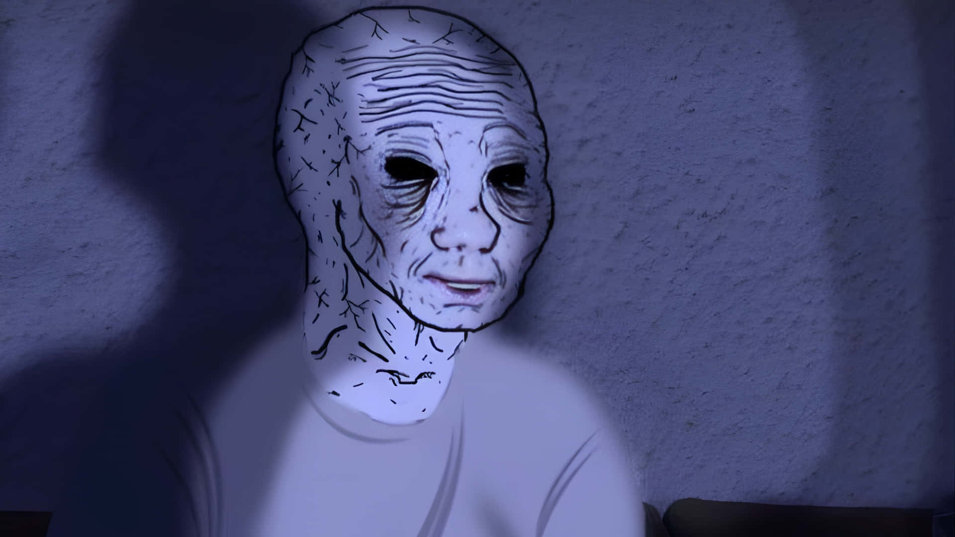 Depressed Face Meme, white stitched mask, dark eyes, Full HD Desktop Wallpaper