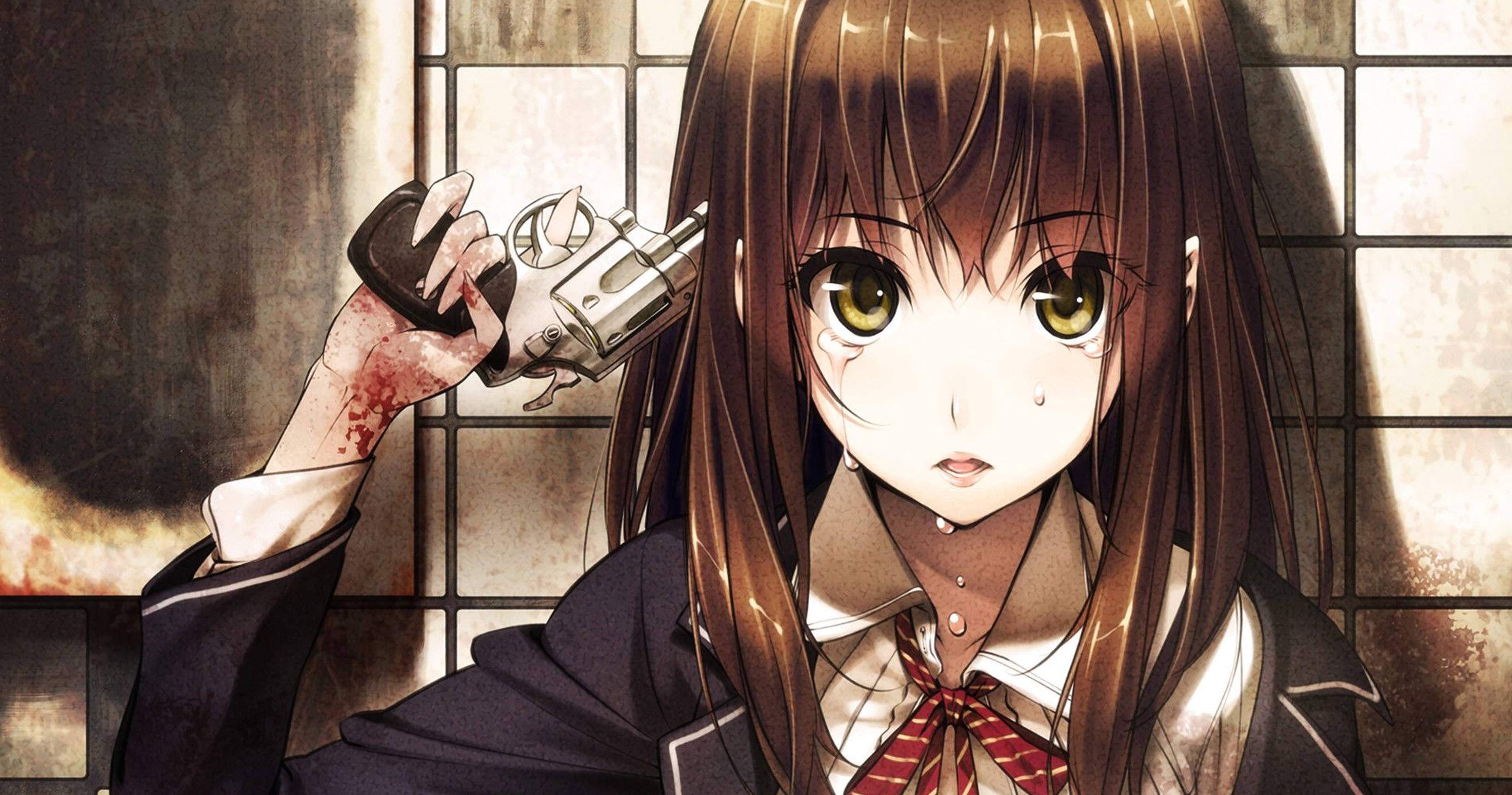 anime girl, school uniform, bloodied revolver, 2K Desktop Wallpaper