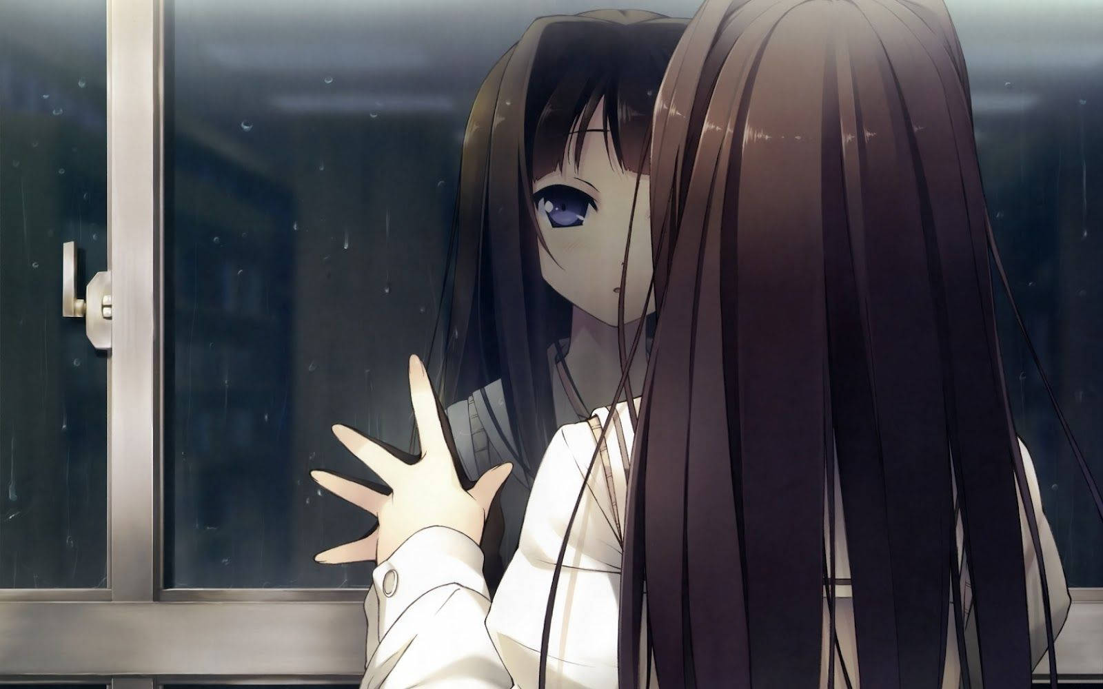 anime girl, long dark hair, rain-streaked window, HD Desktop Wallpaper