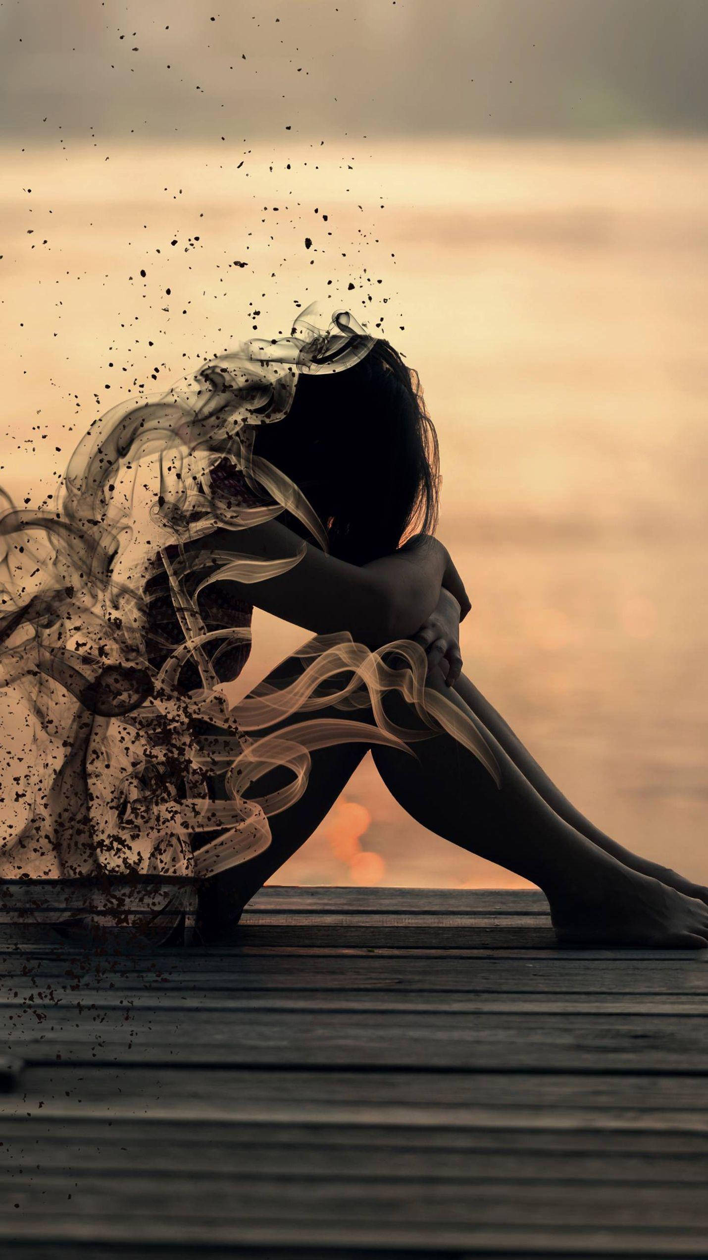 sad girl, wooden dock, sunset, Full HD Phone Wallpaper