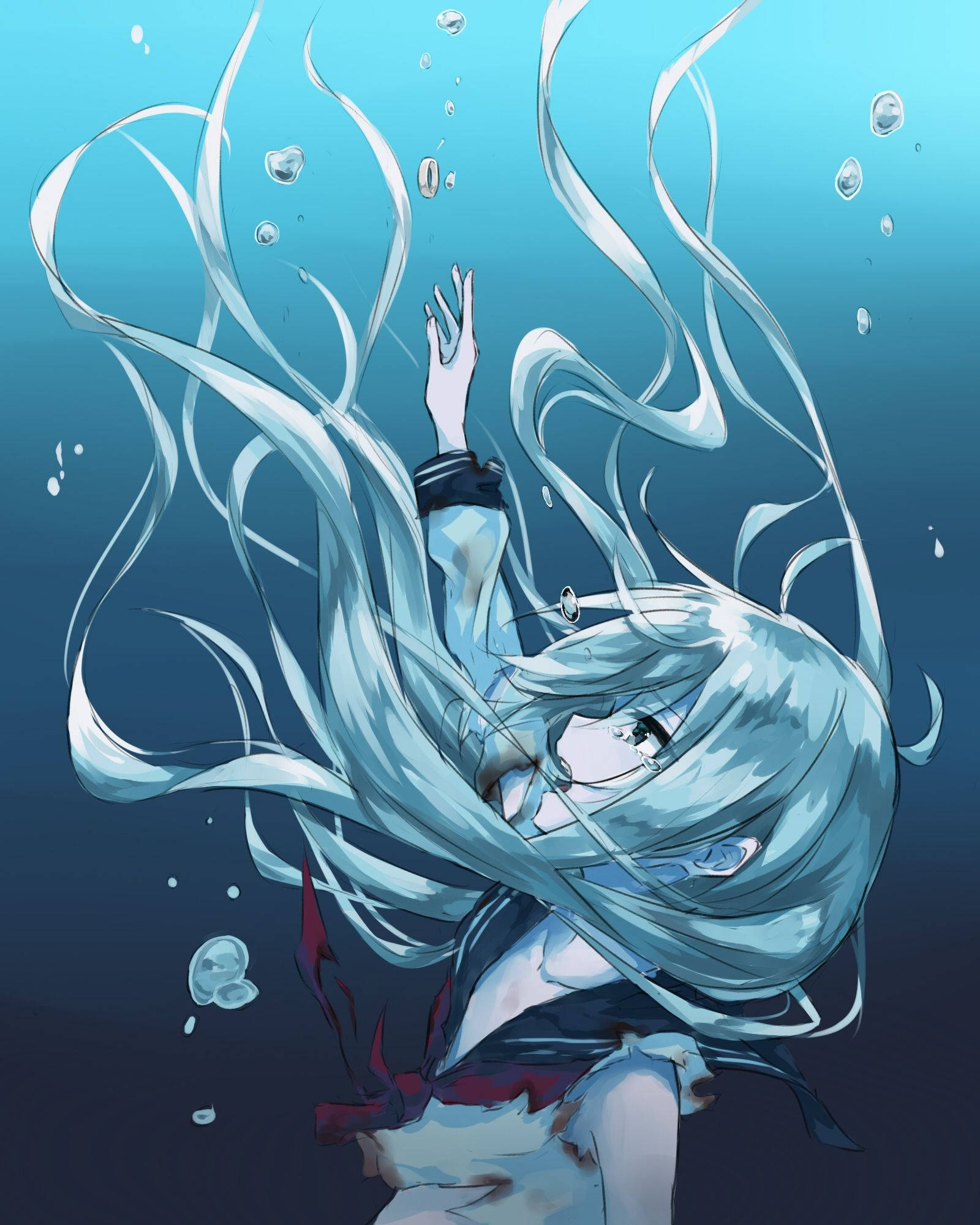 blue-haired anime girl, underwater, flowing hair, Full HD Phone Wallpaper