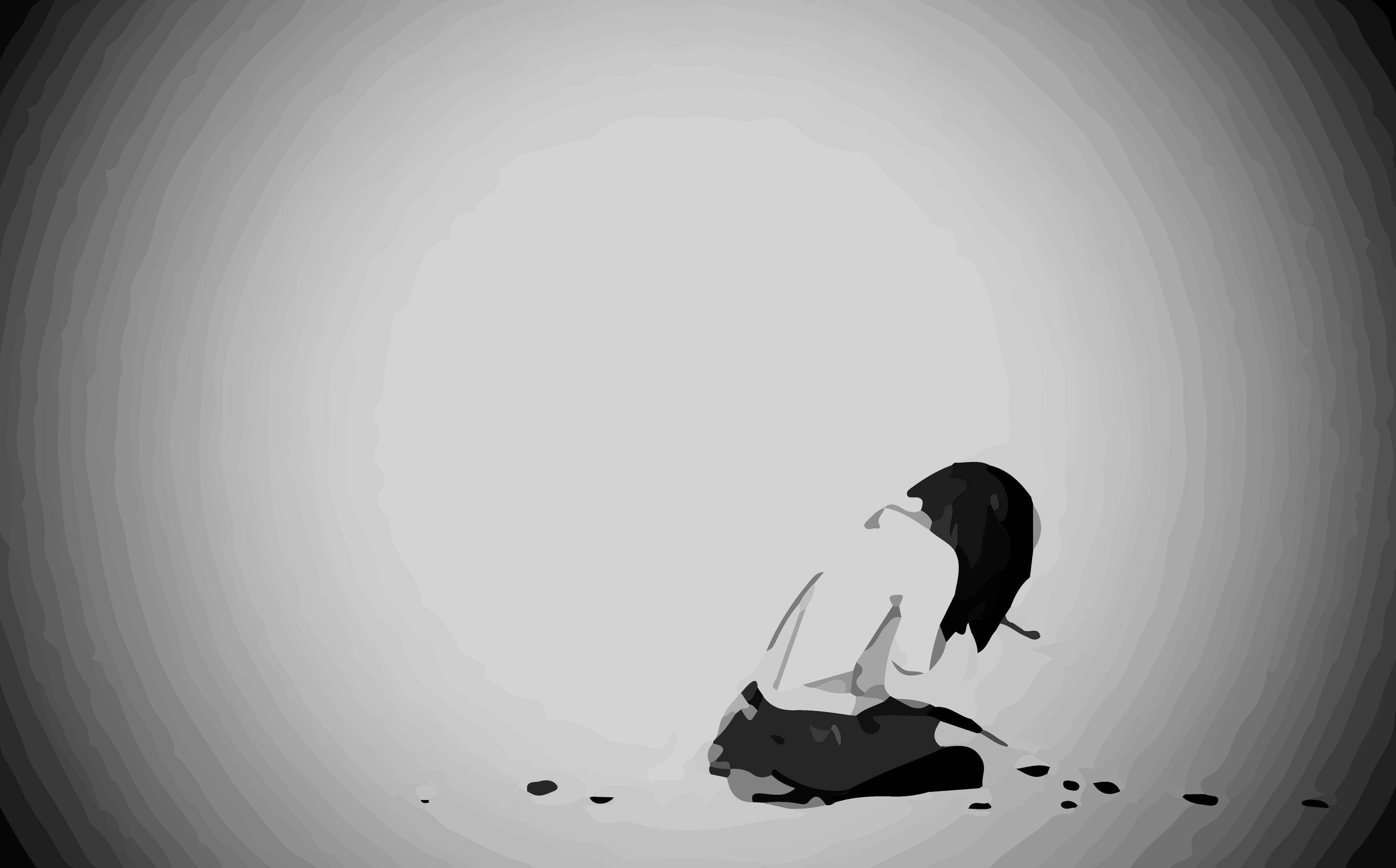 Depressed Anime Girl, grayscale, radial gradient background, 2K Desktop Wallpaper