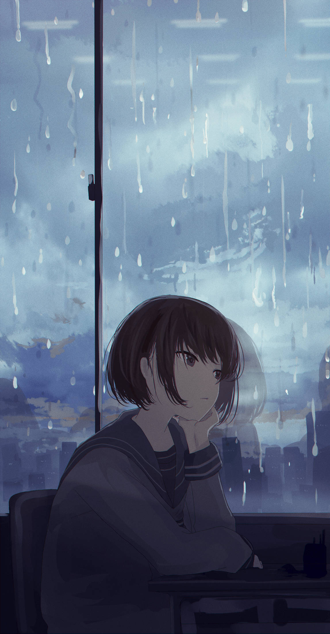anime girl, school uniform, rain-streaked window, Full HD Phone Wallpaper