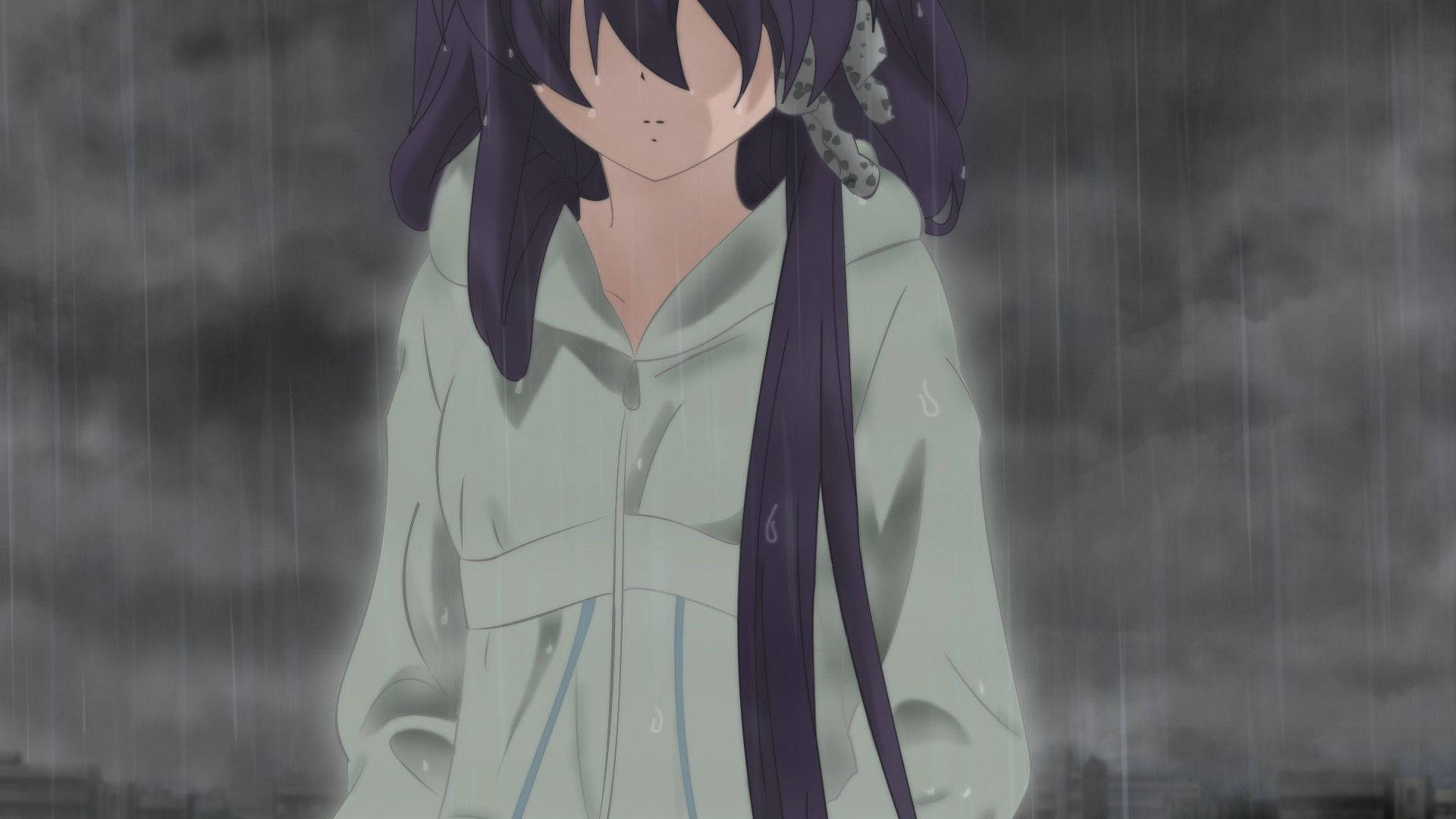 anime girl, purple hair, heavy rain, Full HD Desktop Wallpaper