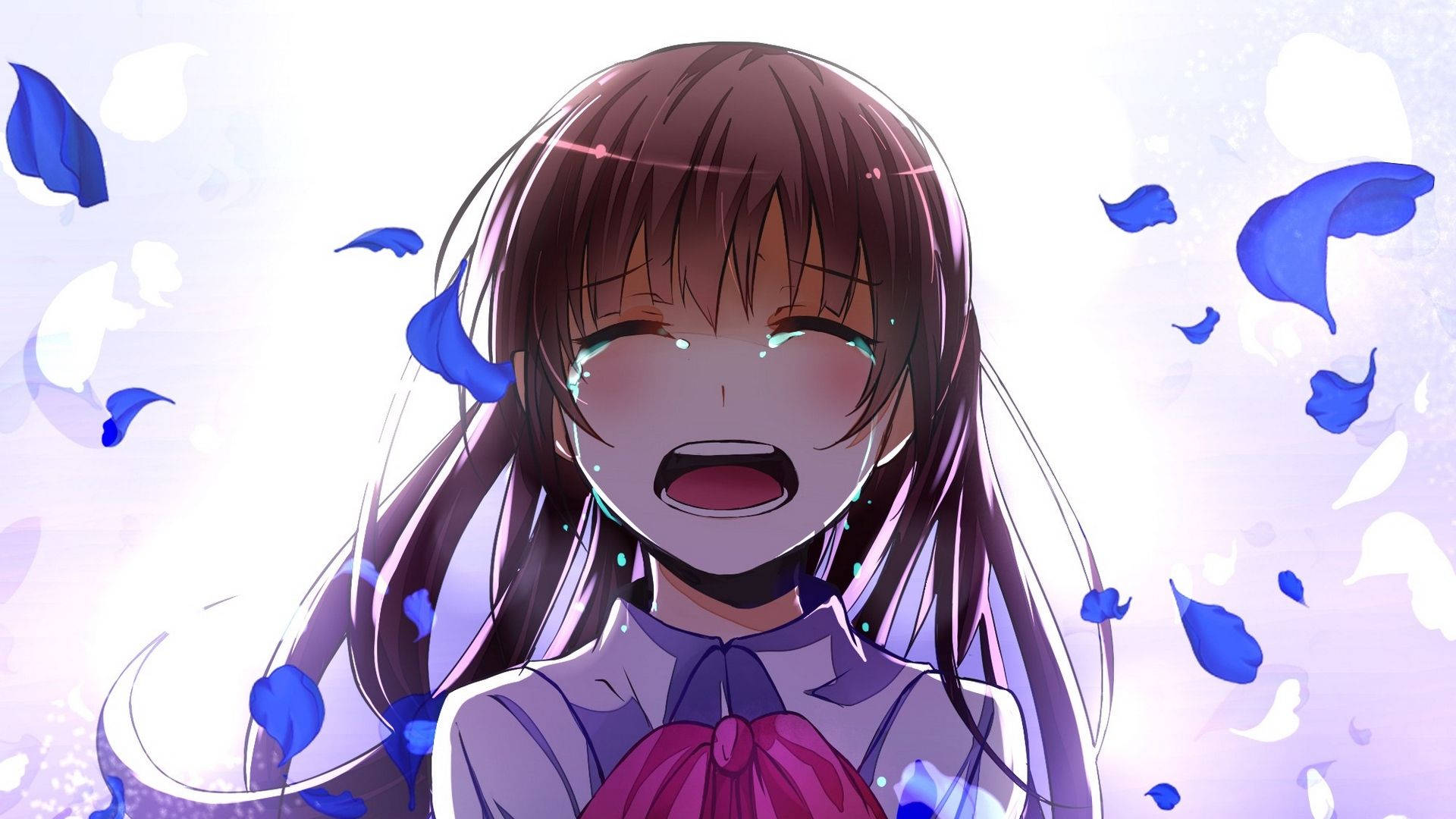 Depressed Anime Girl, blue petals, brown hair, Full HD Desktop Wallpaper