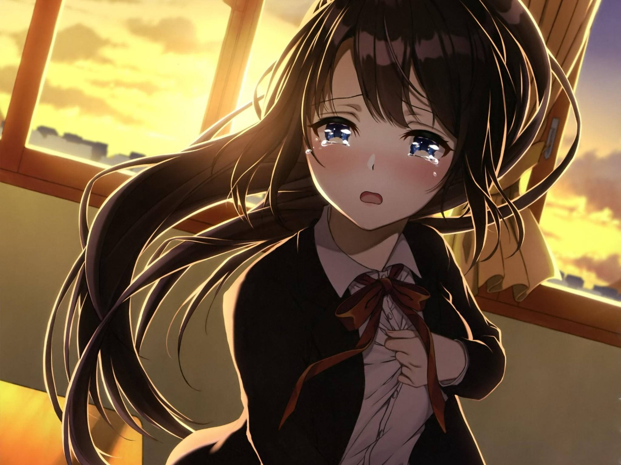 anime girl, classroom, long dark hair, Full HD Desktop Wallpaper