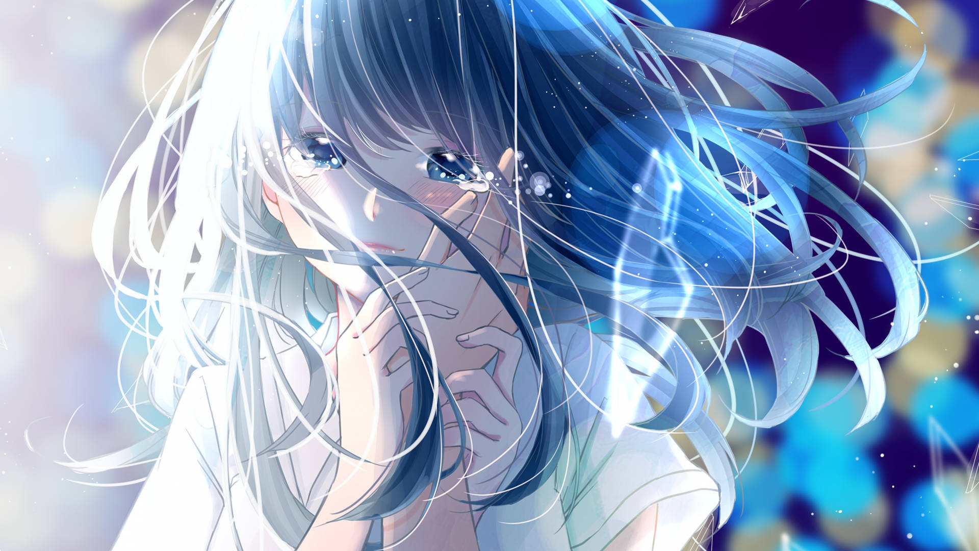 Depressed Anime Girl, blue and white hair, glowing particles, Full HD Desktop Wallpaper