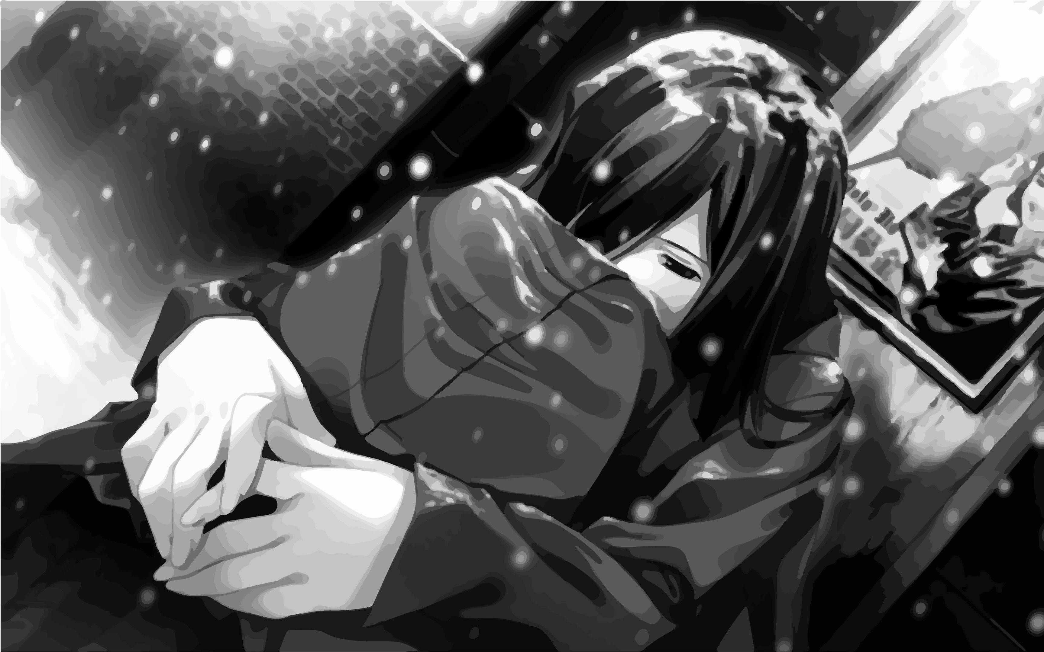 anime girl, snow, monochrome, 2K Desktop Wallpaper