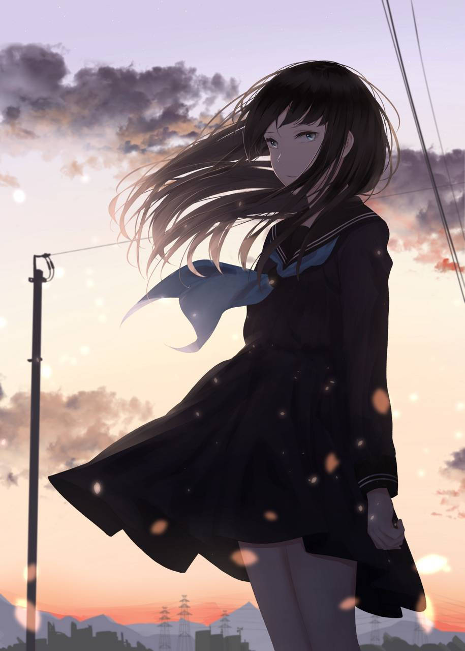 anime girl, black sailor uniform, twilight sky, HD Phone Wallpaper