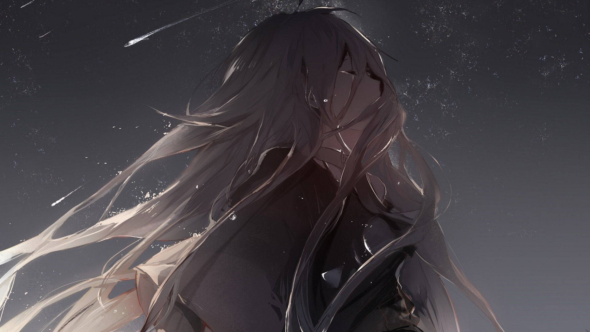 long haired depressed anime girl, starry night sky, falling particles, Full HD Desktop Wallpaper