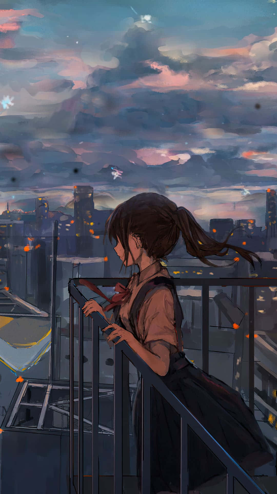 Balcony, Twilight cityscape, Glowing lights, Full HD Phone Wallpaper