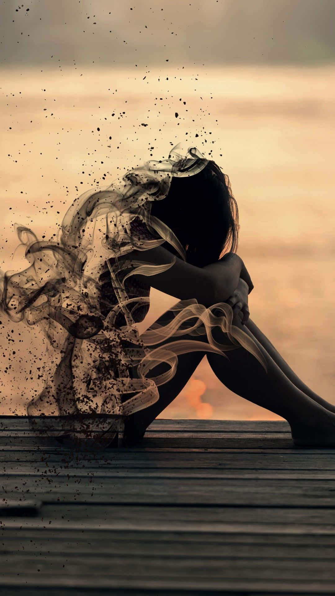 Depressing iPhone, wooden dock, swirling smoke, Full HD Phone Wallpaper