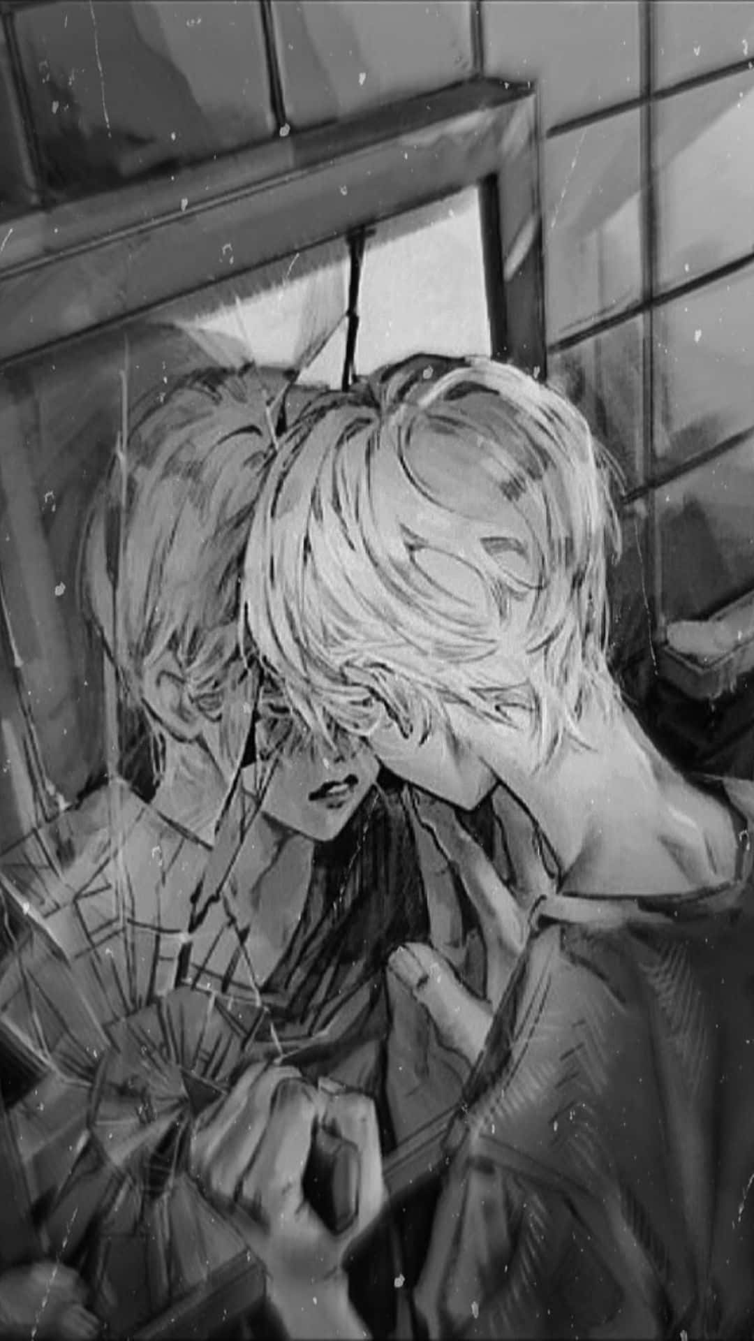 monochrome, cracked mirror, rain streaks, Full HD Phone Wallpaper