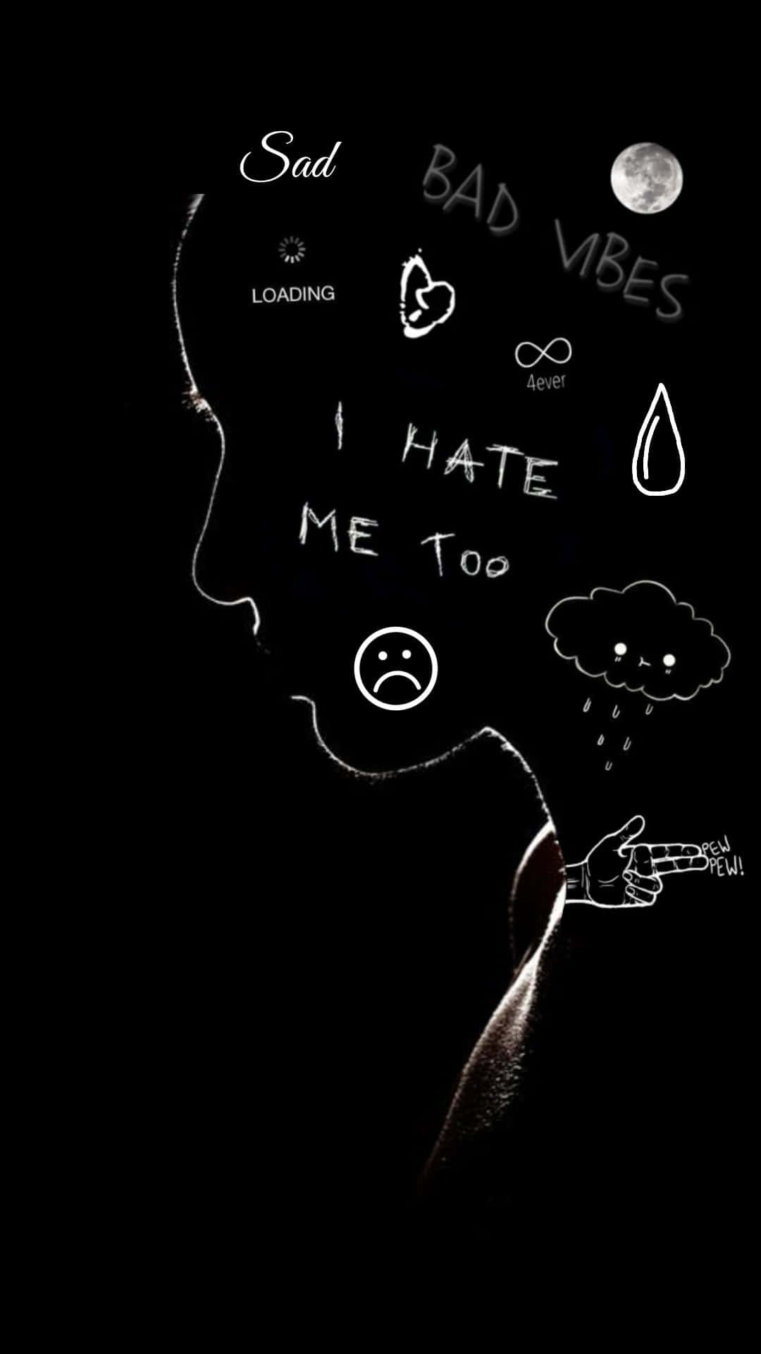 black and white image, white outline of a person's profile, handwritten phrases, Full HD Phone Wallpaper