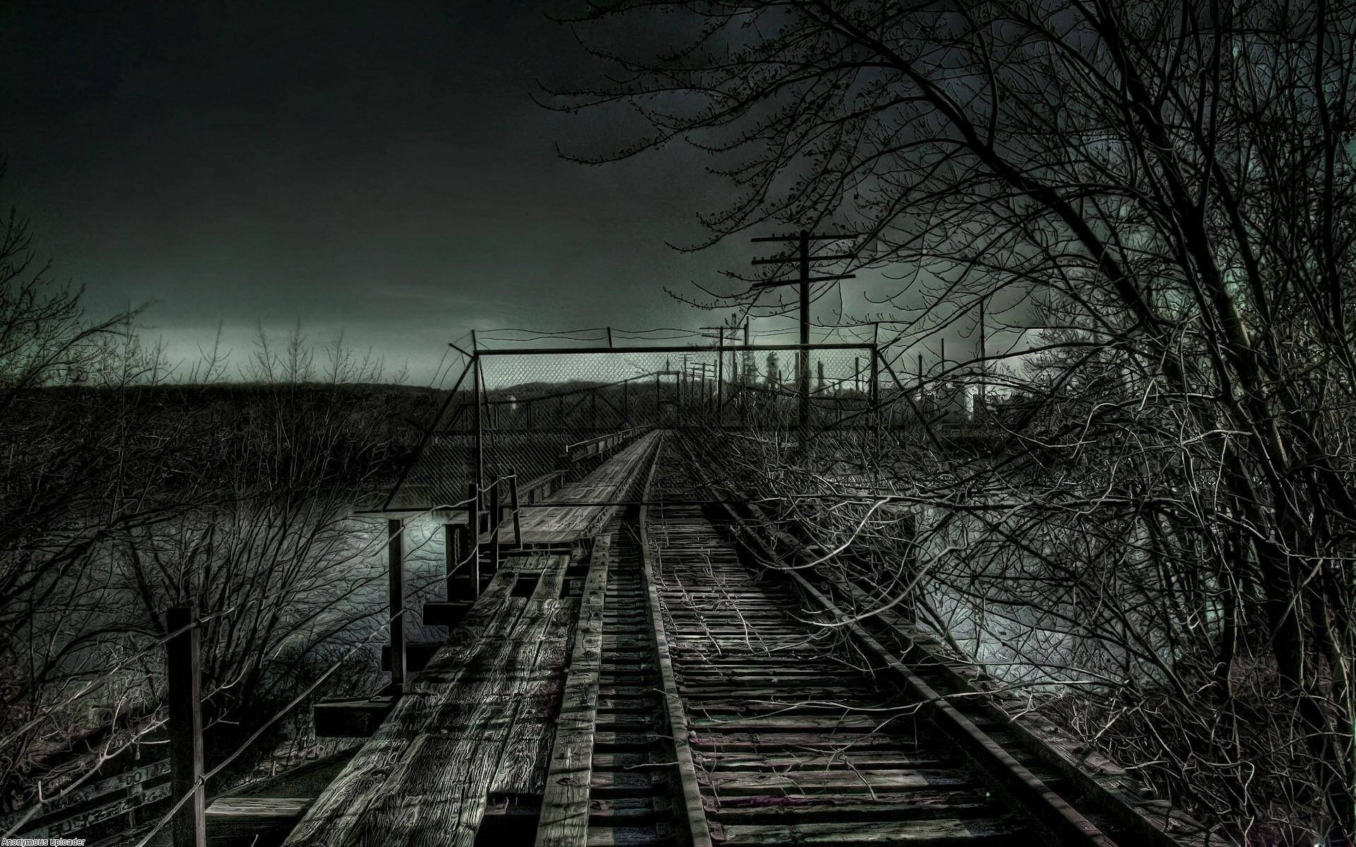 abandoned railroad, decaying wooden railway bridge, gloomy twilight, Full HD Desktop Wallpaper