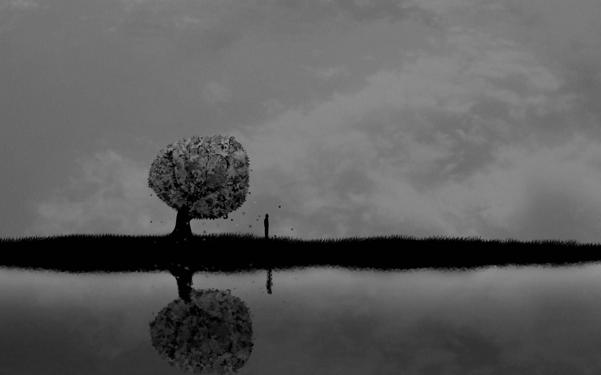 tree, man, grassy shore, Full HD Desktop Wallpaper