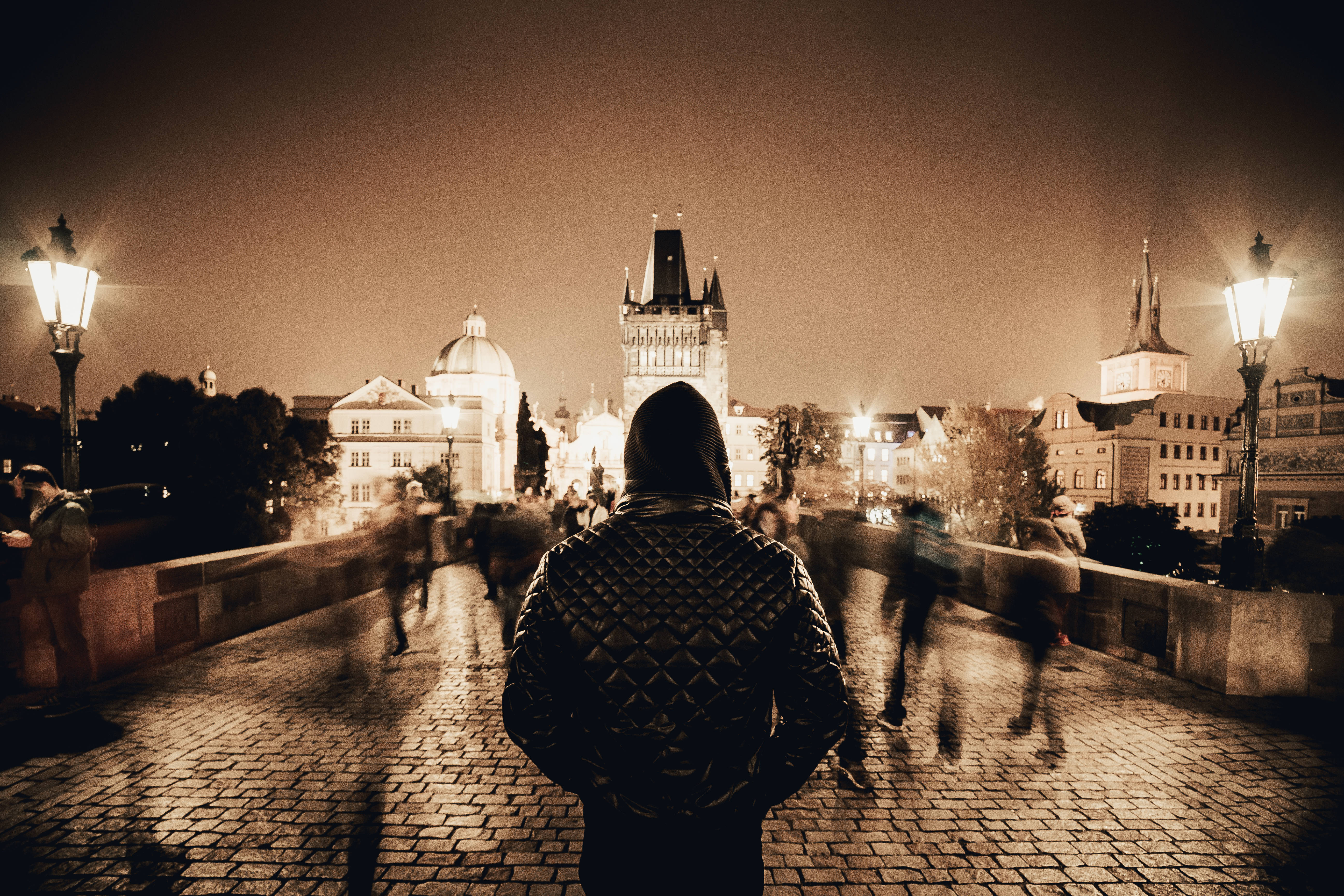 sepia, hooded figure, cobblestone bridge, 5K Desktop Wallpaper