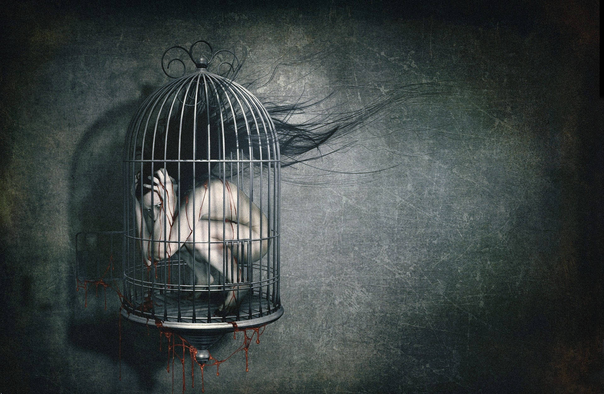 caged woman, rusted birdcage, gritty wall, Full HD Desktop Wallpaper