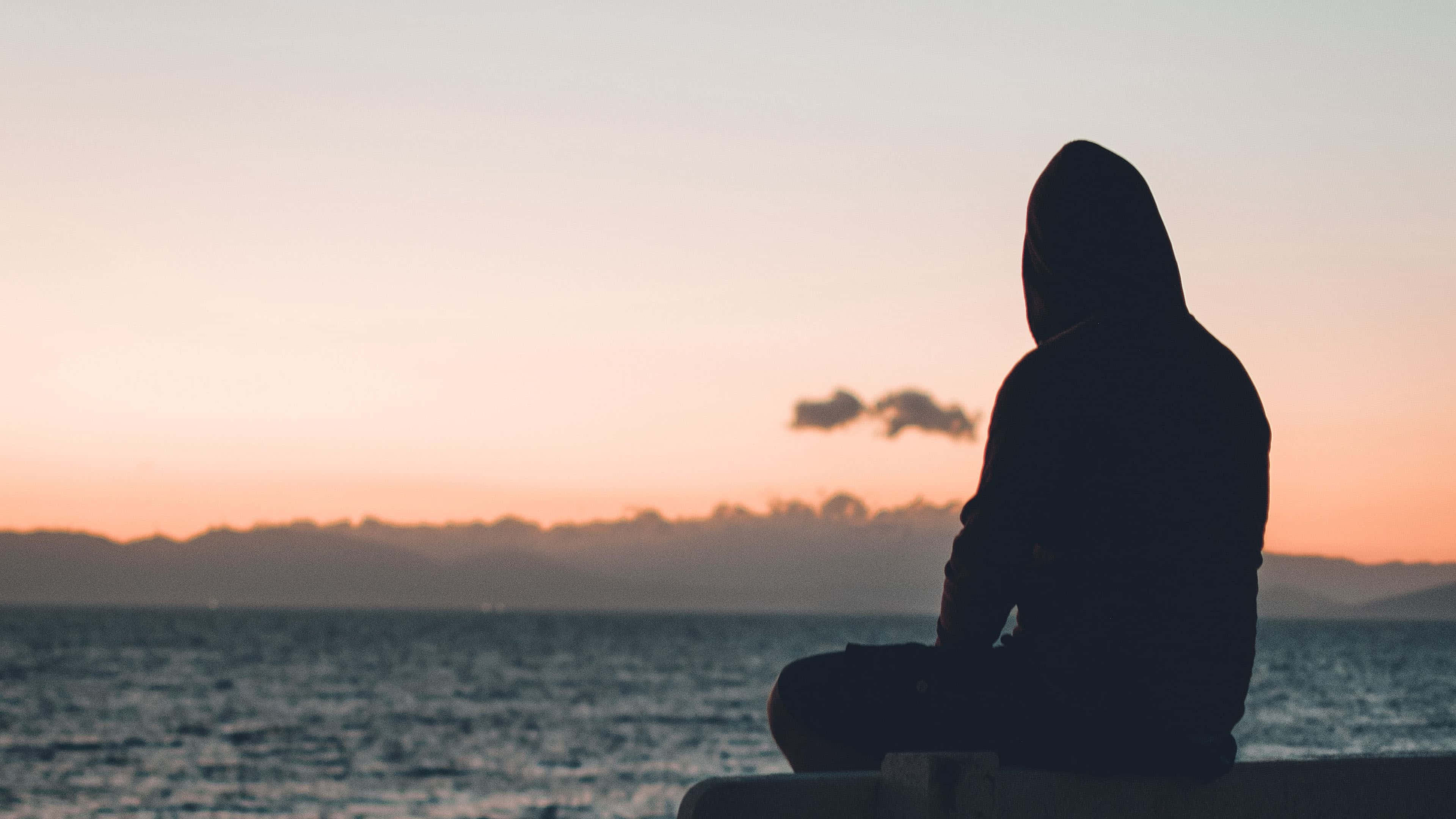 hooded person, pier, sunset, 4K Desktop Wallpaper