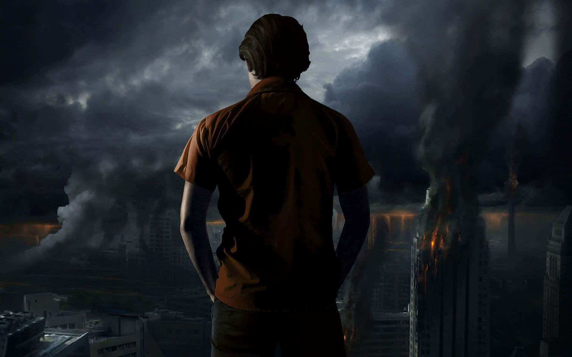 cool sad boy, orange shirt, rooftop, Full HD Desktop Wallpaper
