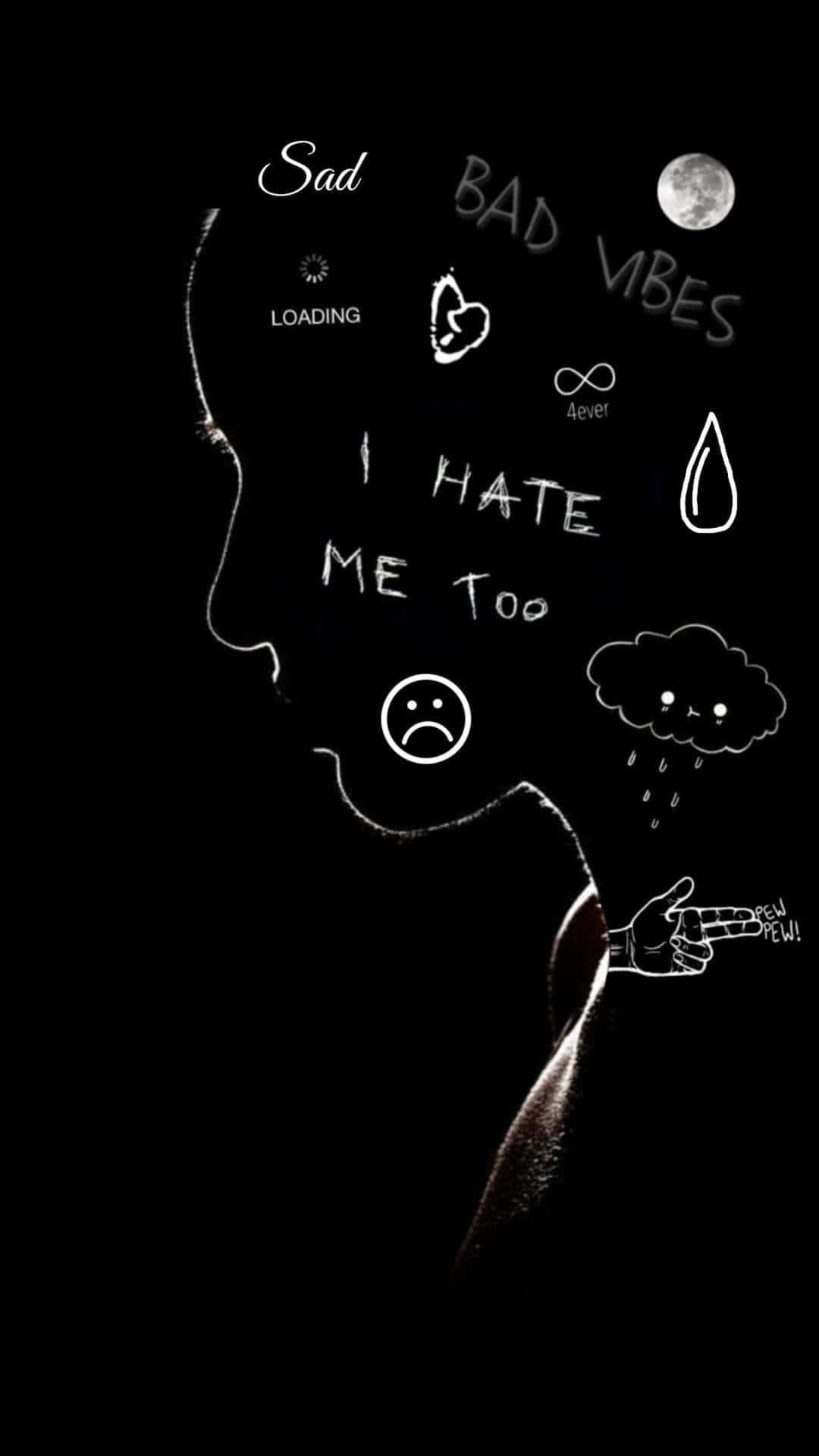 white line-art silhouette, handwritten phrases, I HATE ME TOO, Full HD Phone Wallpaper