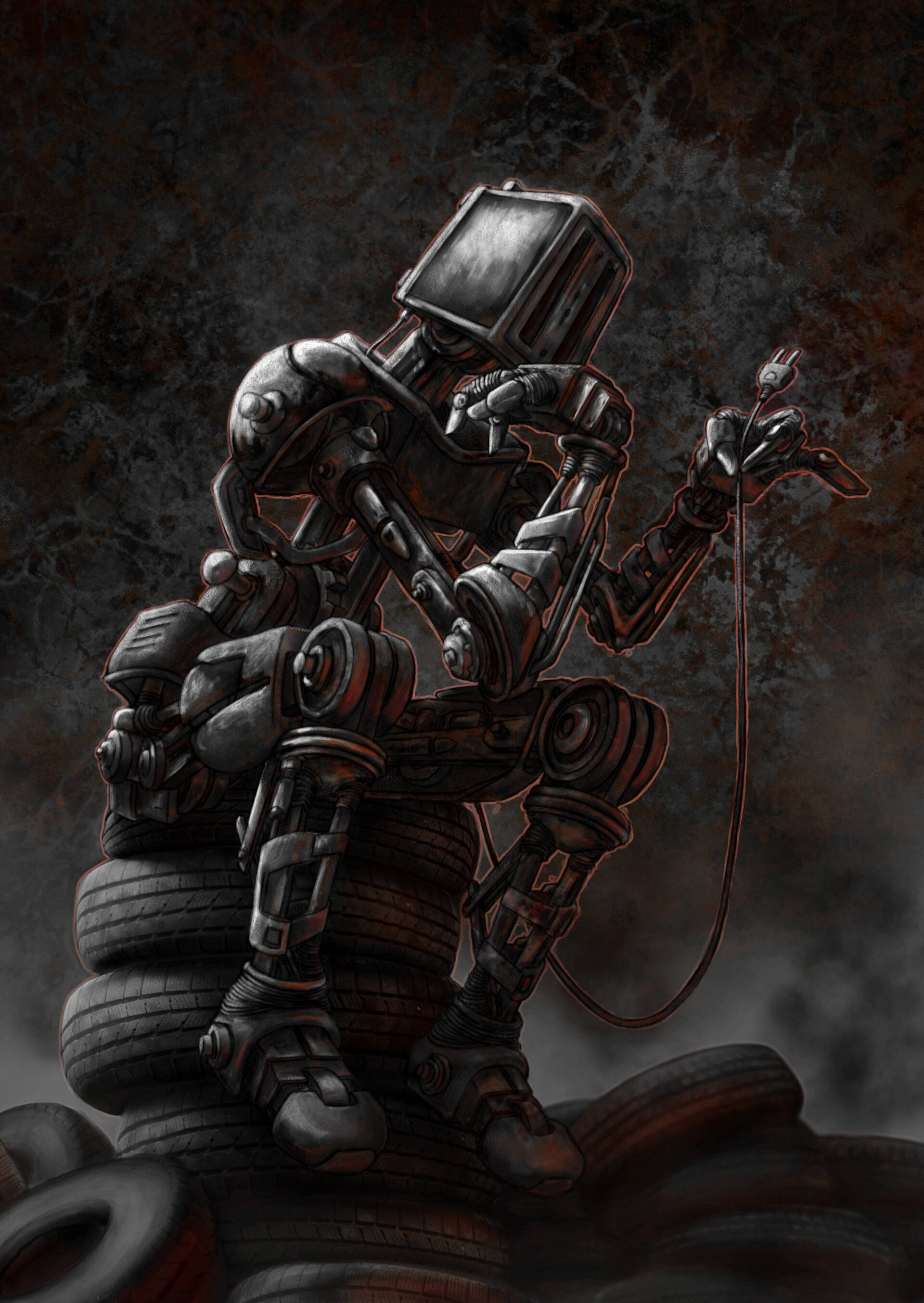 sad robot, pile of tires, plug cord, 2K Phone Wallpaper