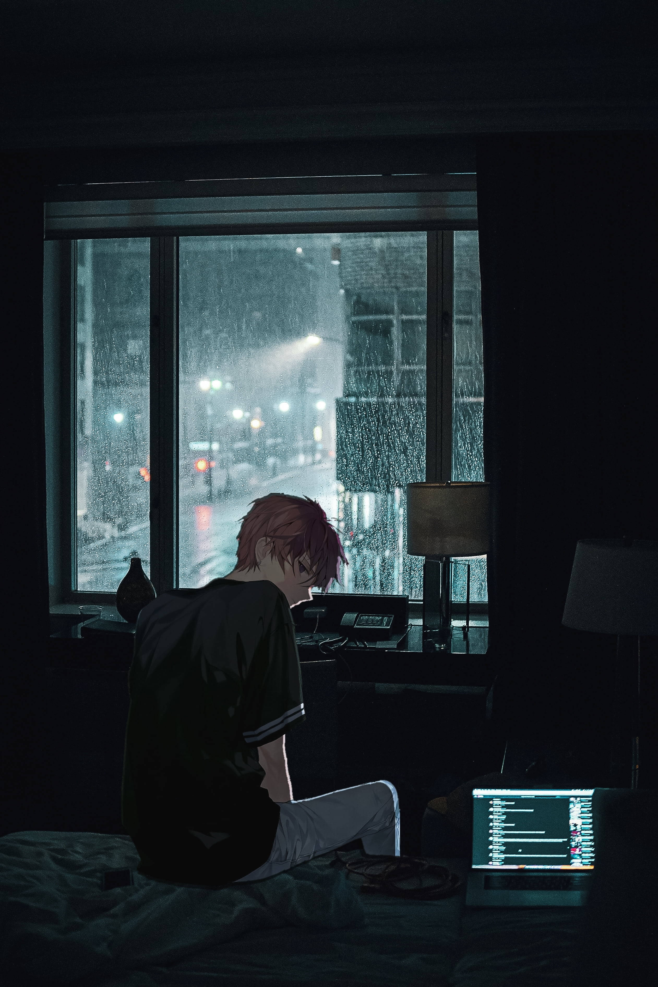 anime character, bed, dark room, 2K Phone Wallpaper
