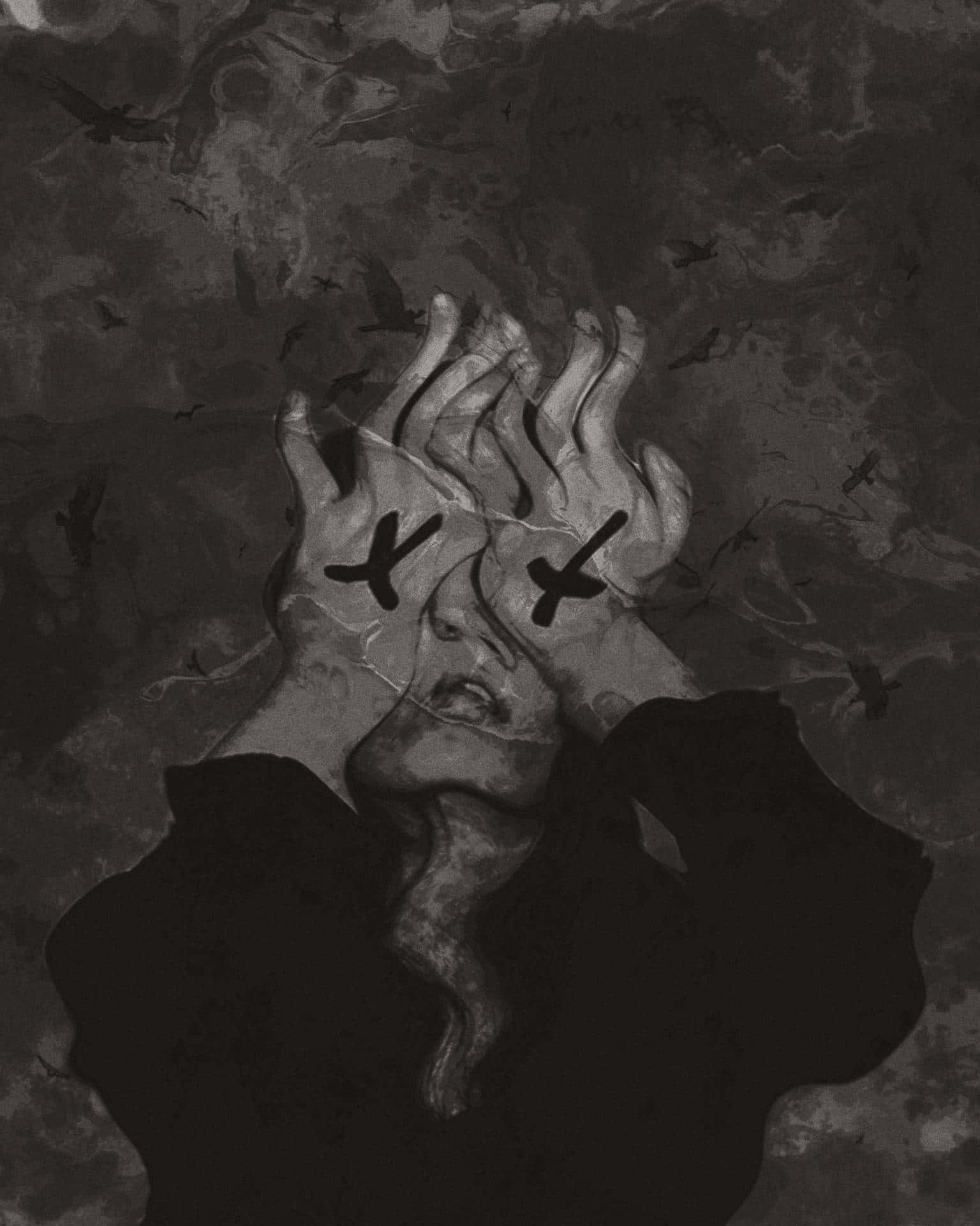 X'd eyes, monochrome illustration, figure, Full HD Phone Wallpaper
