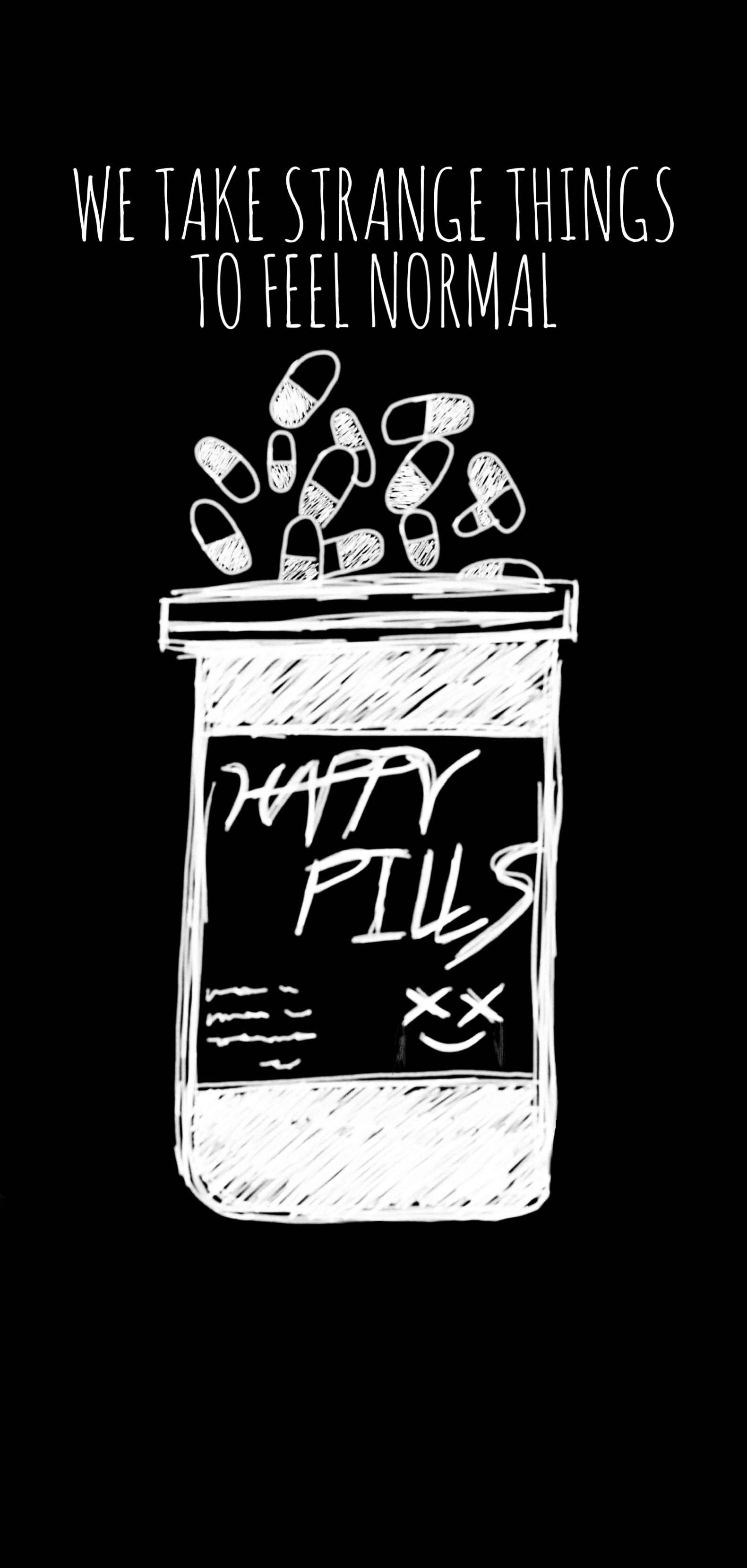Depression Aesthetic, happy pills, white chalk-style illustration, 2K Phone Wallpaper