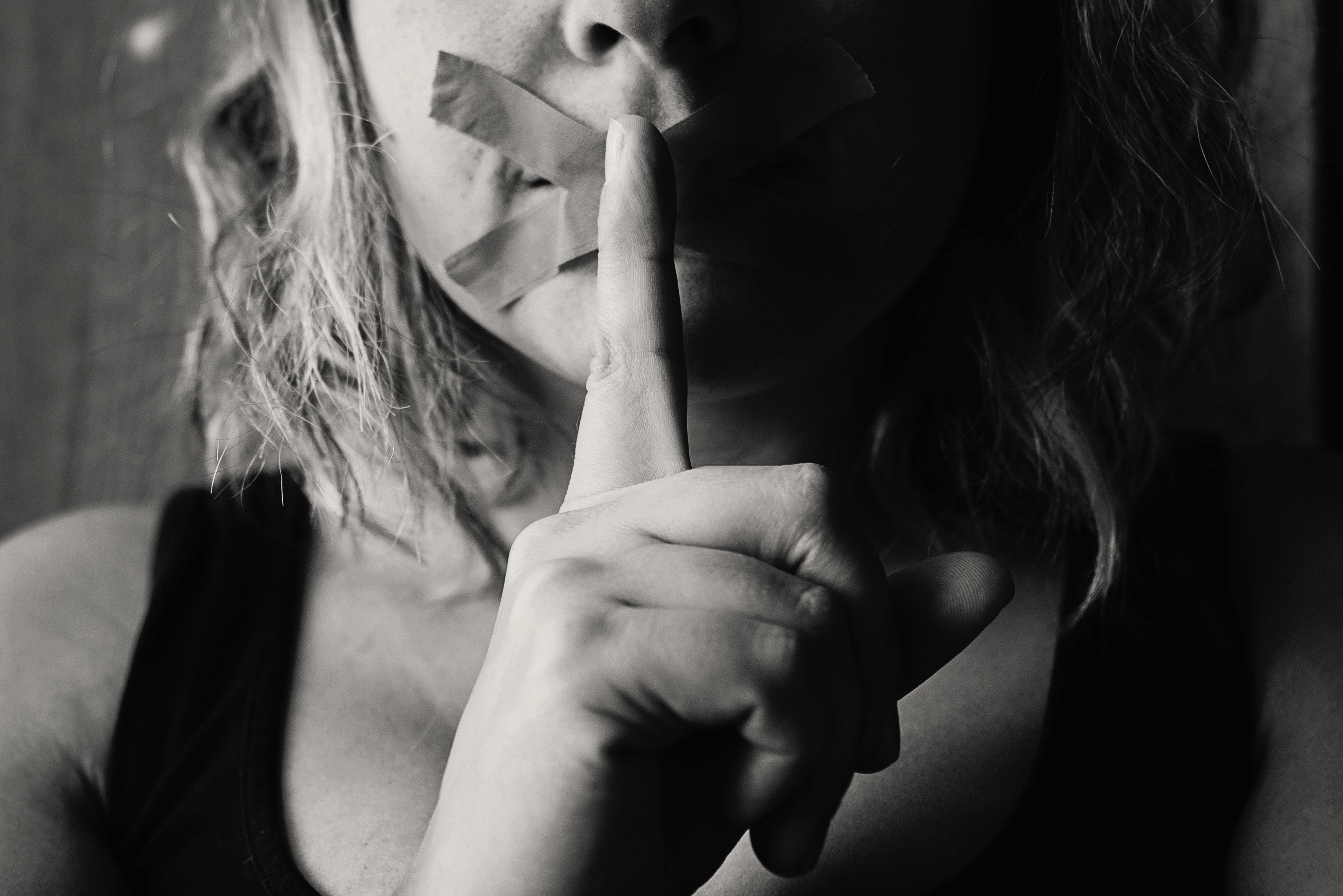 Depression Aesthetic, tape over their mouth, finger to lips, 5K Desktop Wallpaper