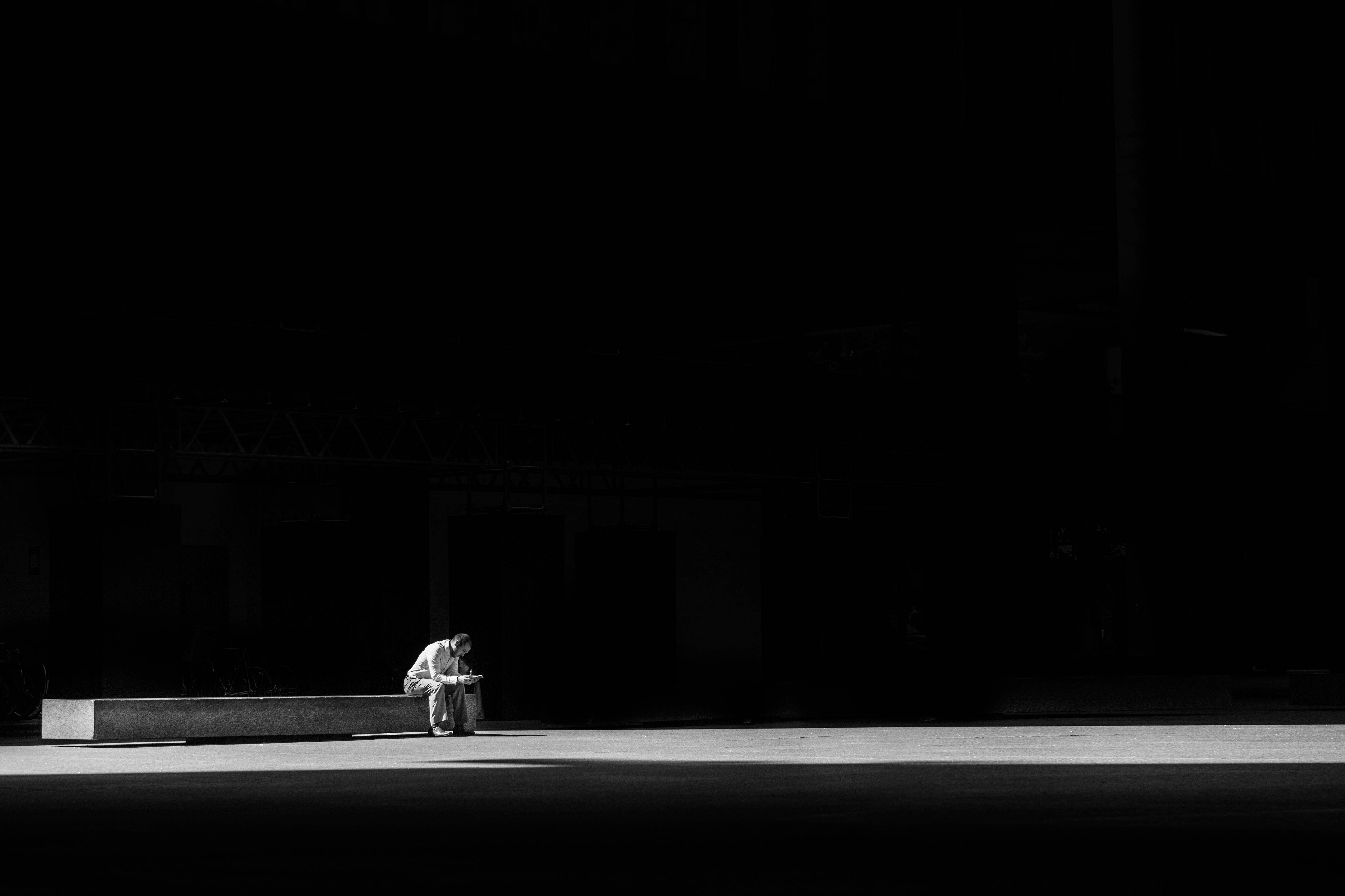 Depression Aesthetic, lone figure, bench, 5K Desktop Wallpaper