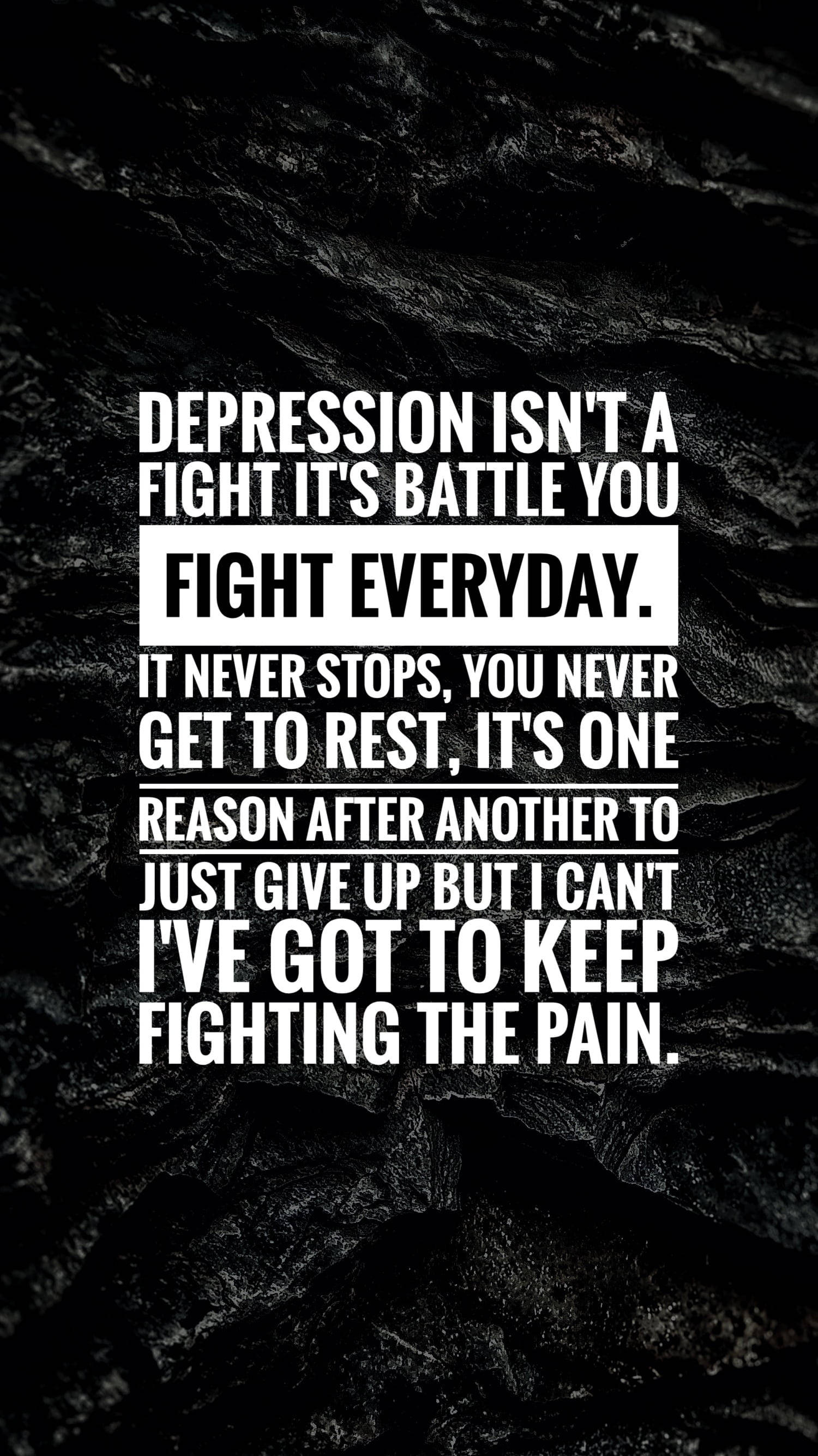 Depression Aesthetic, white text, textured black stone background, 2K Phone Wallpaper