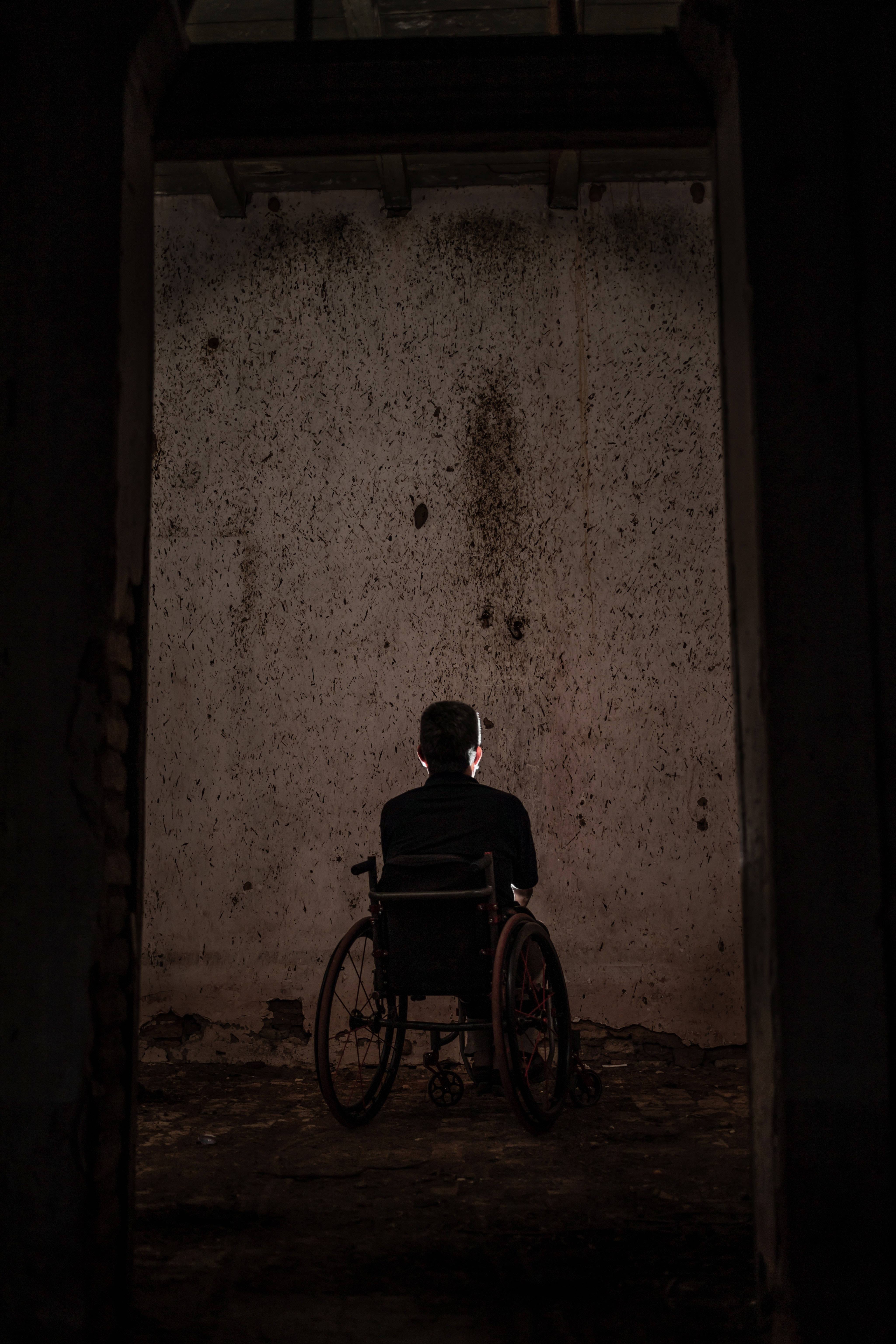 Depression Aesthetic, wheelchair, shadowed doorway, 5K Phone Wallpaper