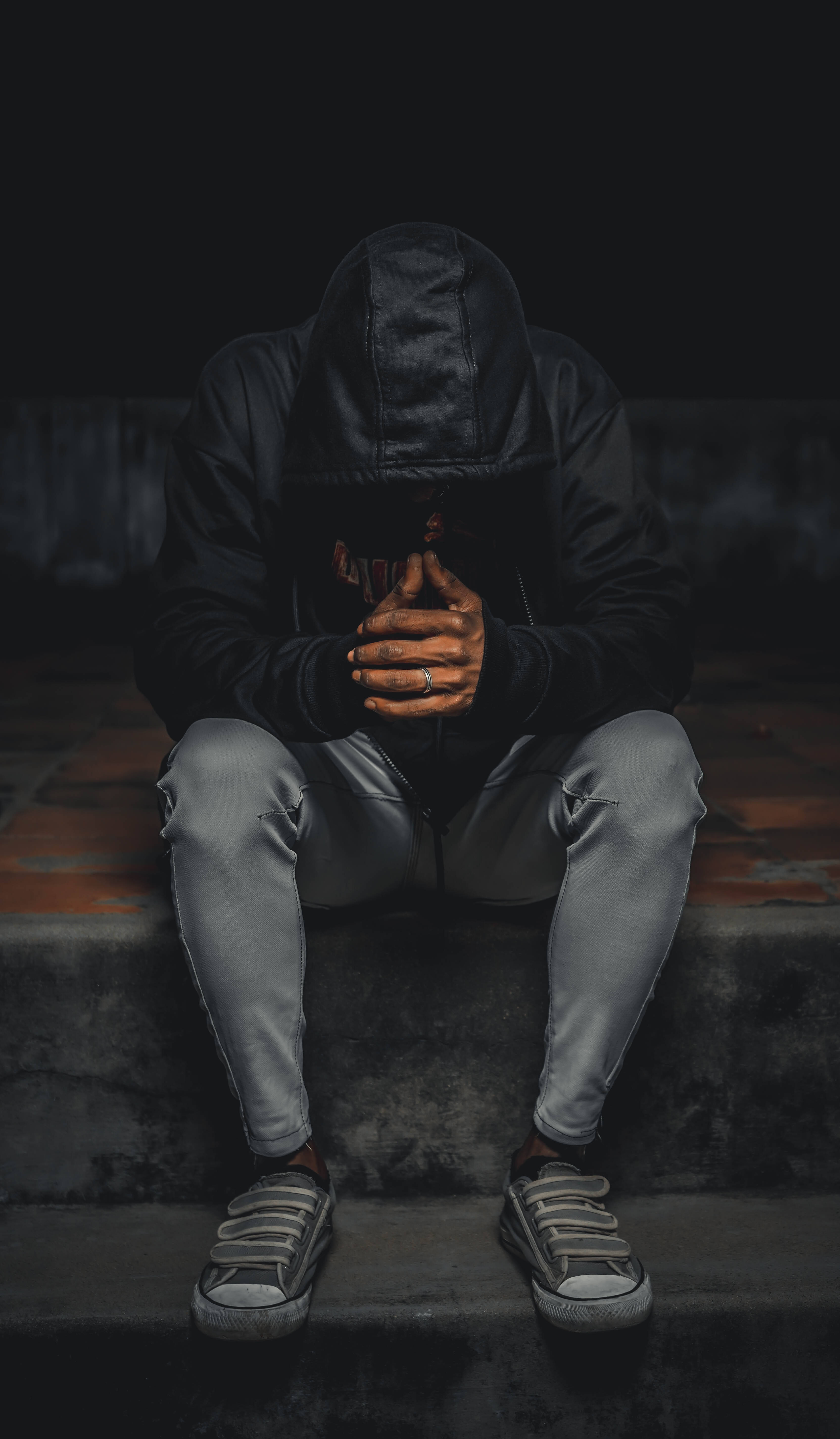 Depression Aesthetic, black hoodie, concrete steps, 5K Phone Wallpaper