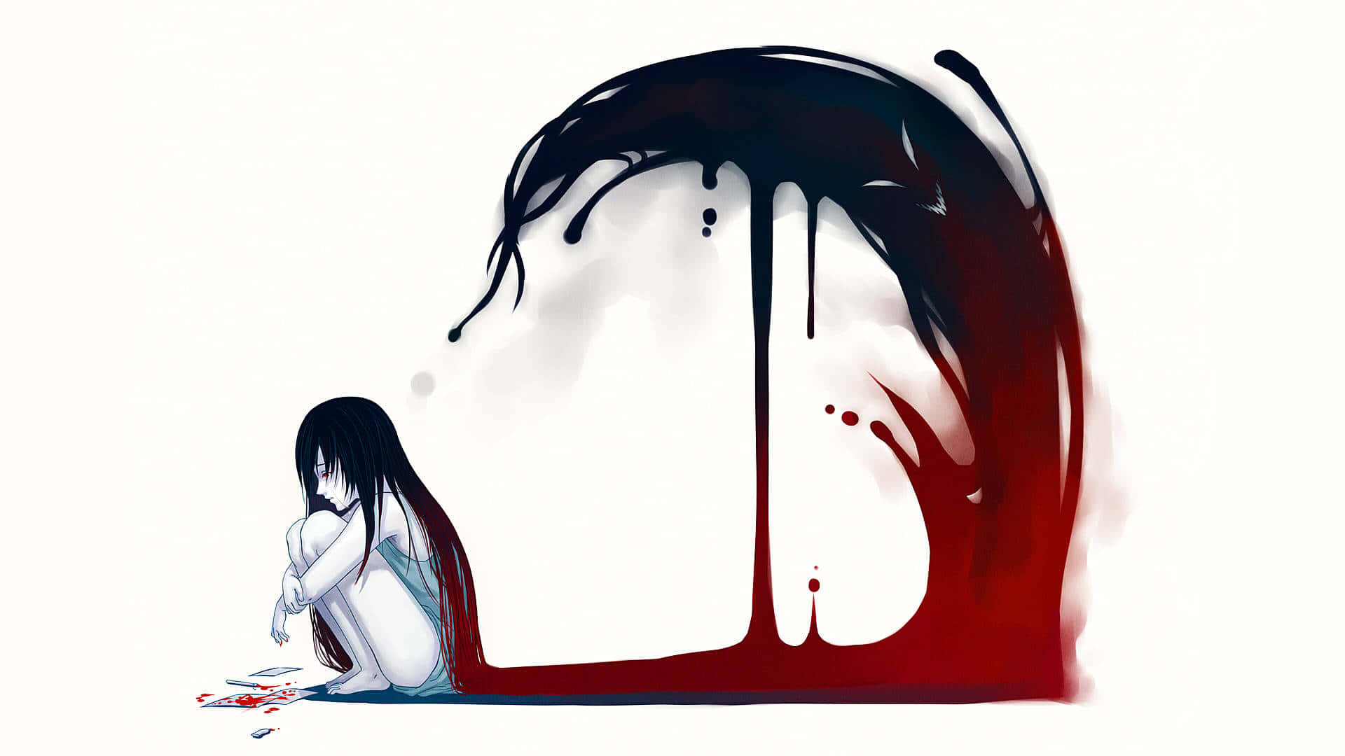 anime girl, dripping blood-like shape, stark white background, Full HD Desktop Wallpaper