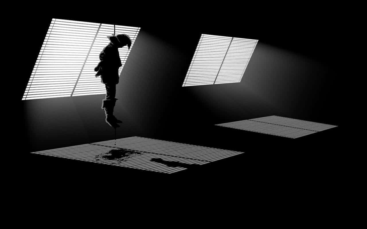black and white silhouette, person hanging from a ceiling vent, dark room, HD Desktop Wallpaper