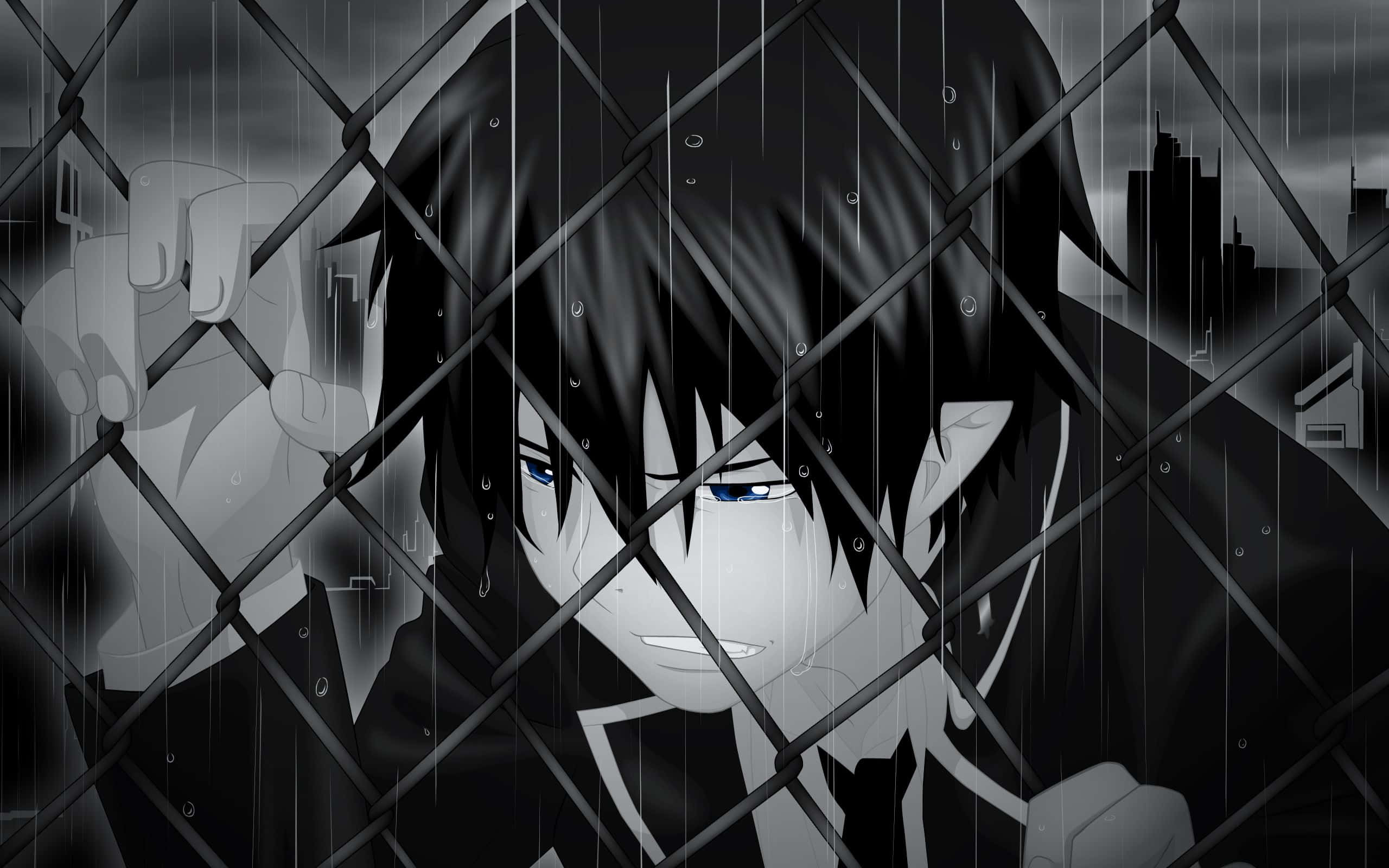 anime character, blue eyes, rain-slicked chain-link fence, 2K Desktop Wallpaper