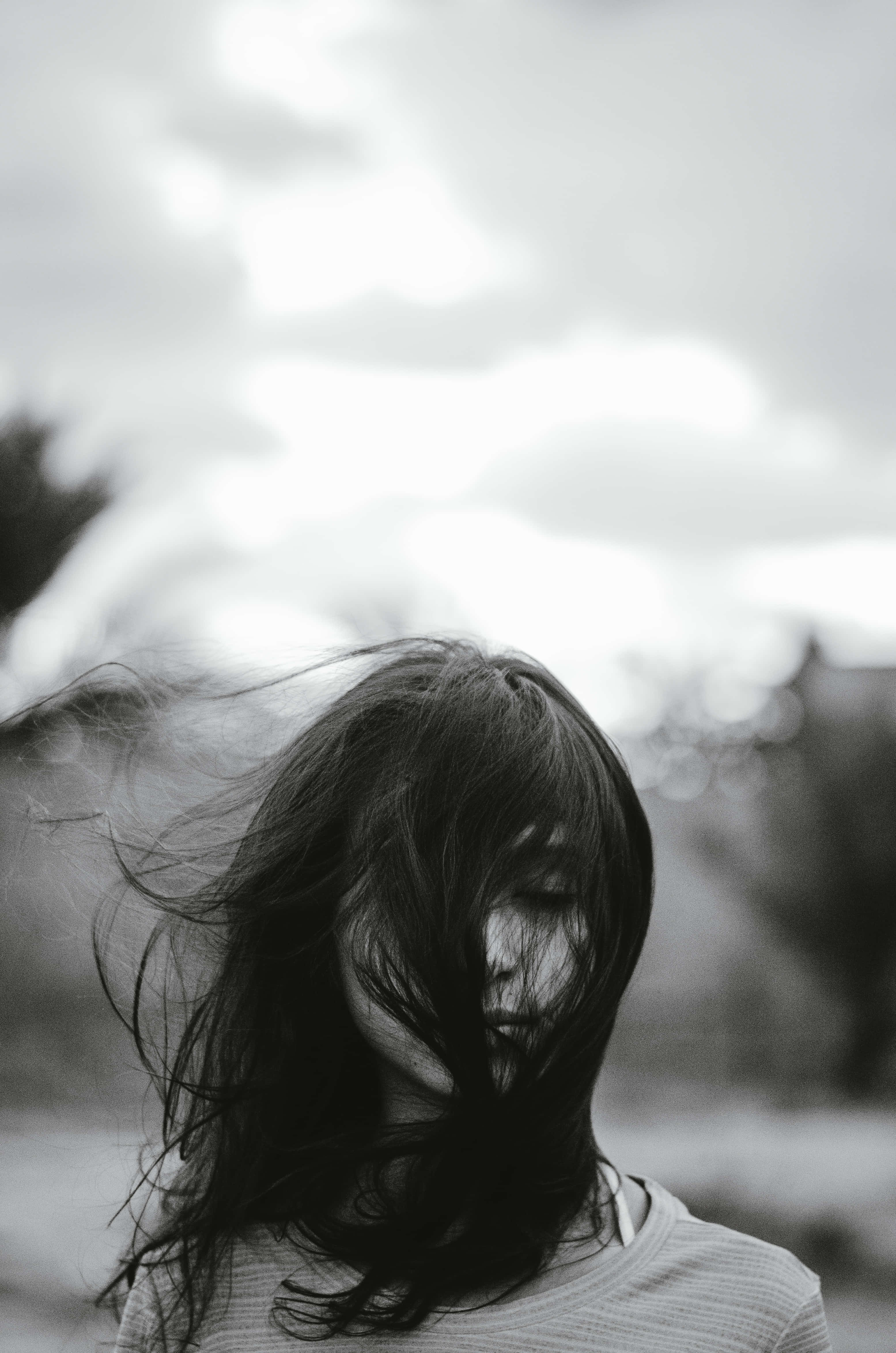 Depression Sad Woman Choice, black and white portrait, wind-swept hair, 4K Phone Wallpaper