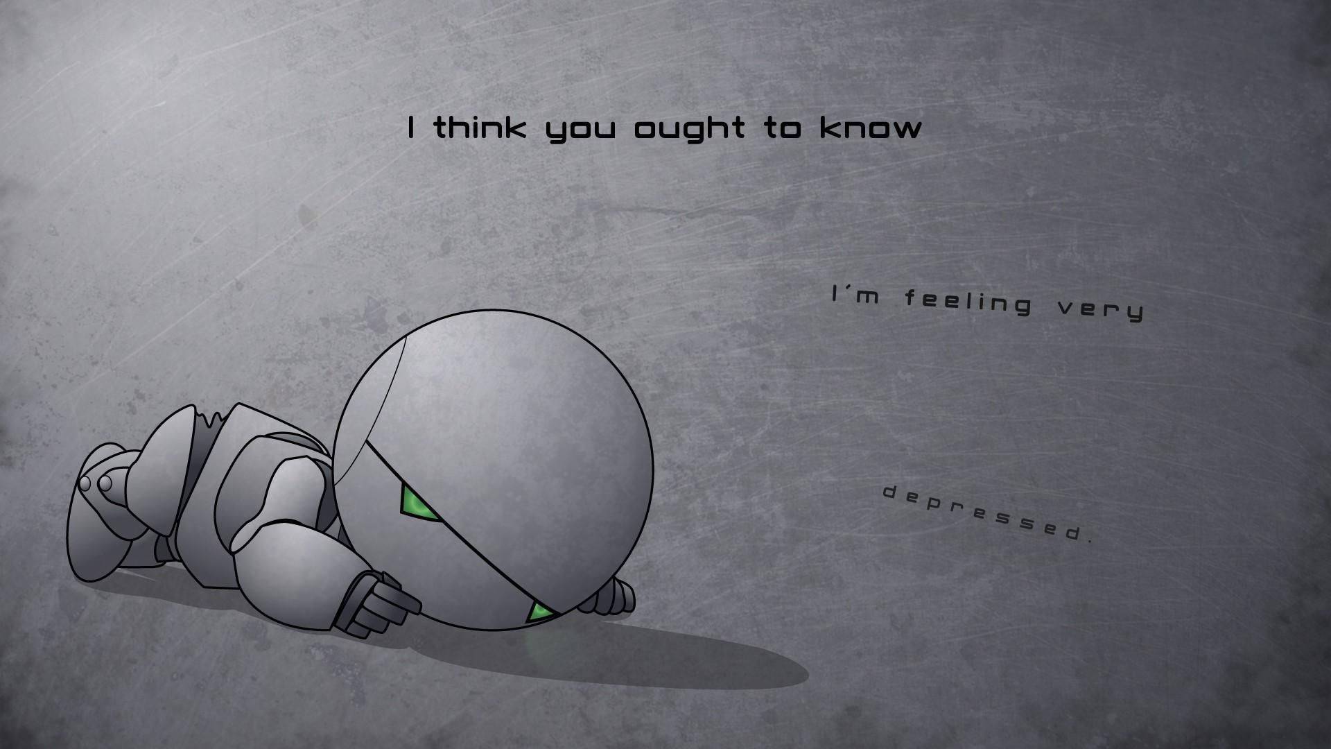 robot, glowing green eyes, gray concrete floor, Full HD Desktop Wallpaper