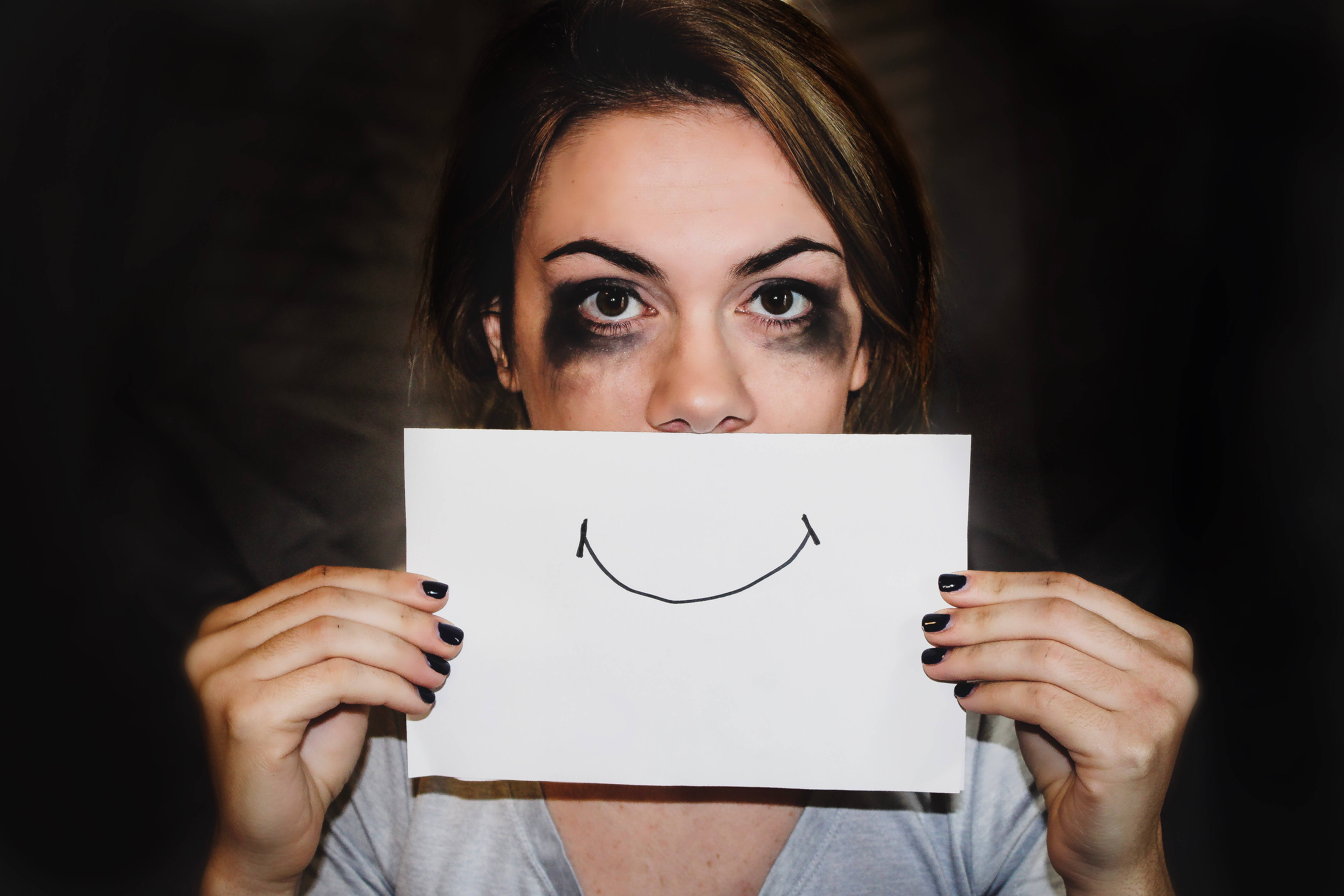 sad and alone, dark smudged eyes, simple drawn smiley face, 5K Desktop Wallpaper
