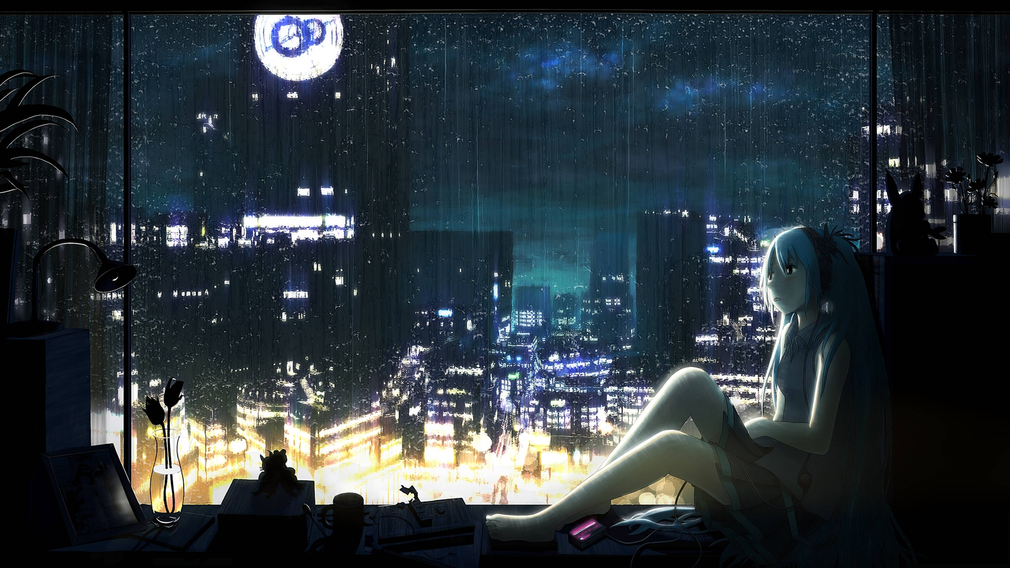 anime girl, rain-streaked window, glowing neon cityscape, 4K Desktop Wallpaper