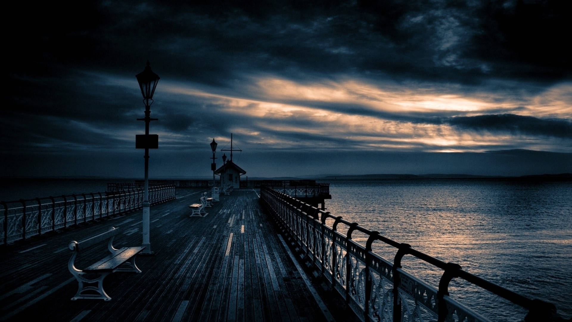 beach boardwalk, wooden pier, dark water, Full HD Desktop Wallpaper