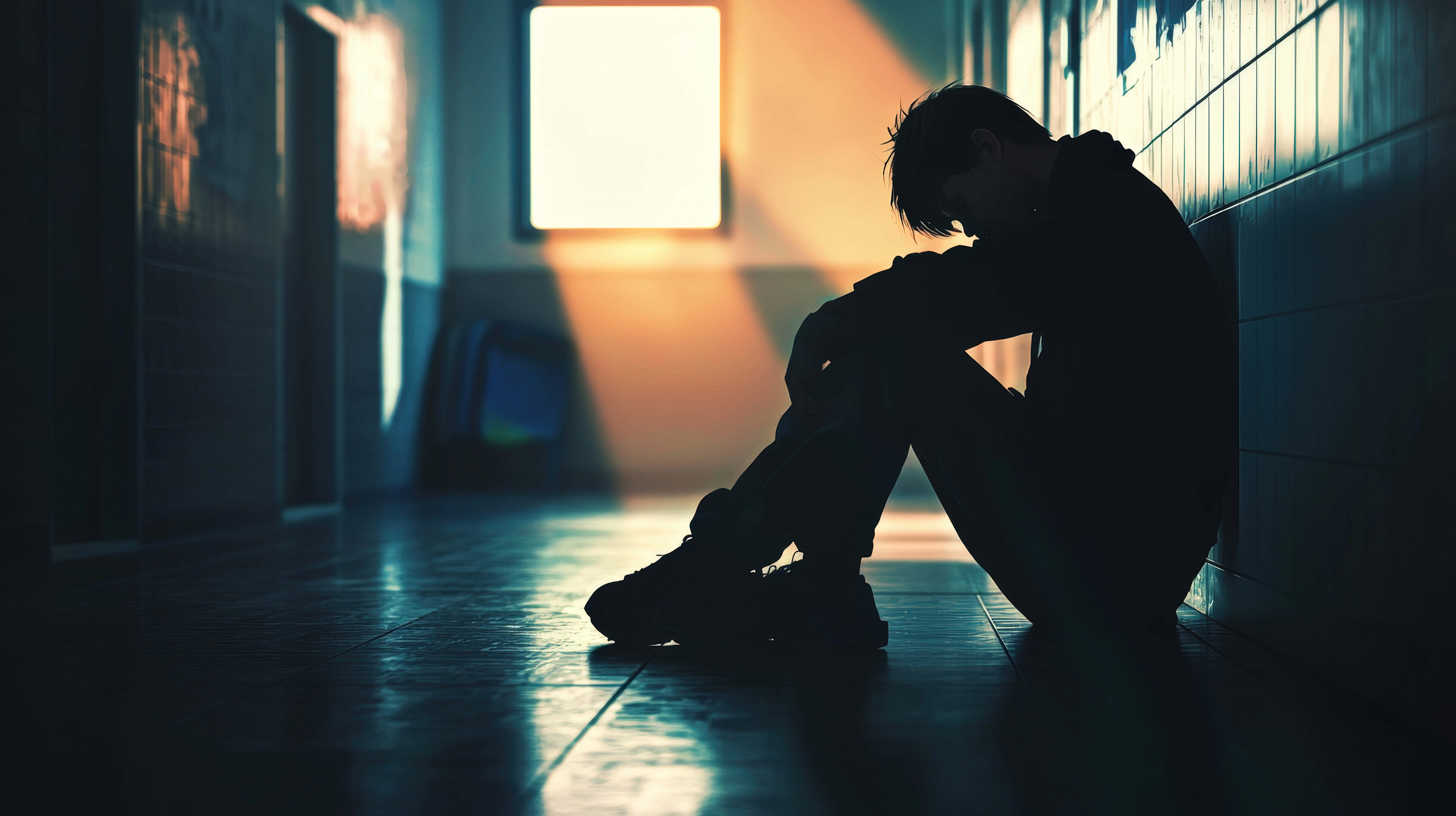 depressed teen, dimly lit hallway, single bright window, 8K Desktop Wallpaper